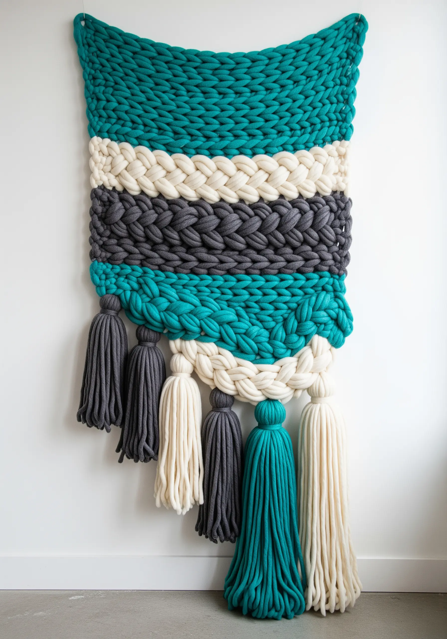 A chunky woven wall hanging in teal, gray, and cream with large braids and tassels.