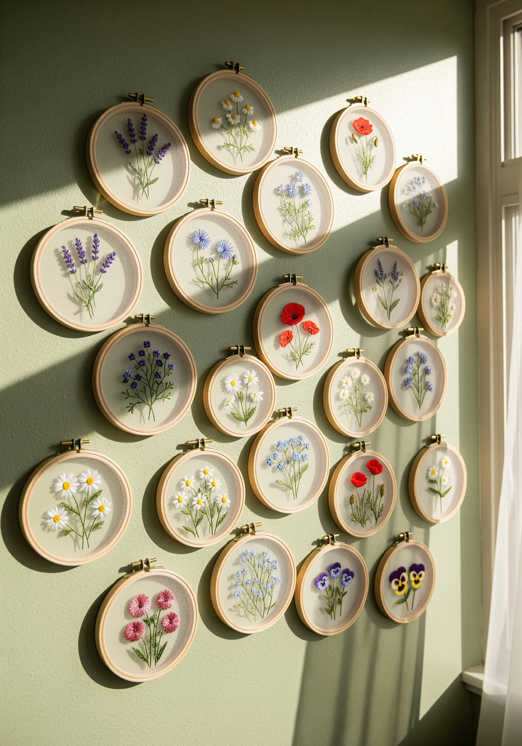 Detailed wildflower embroidery collection on sage green wall