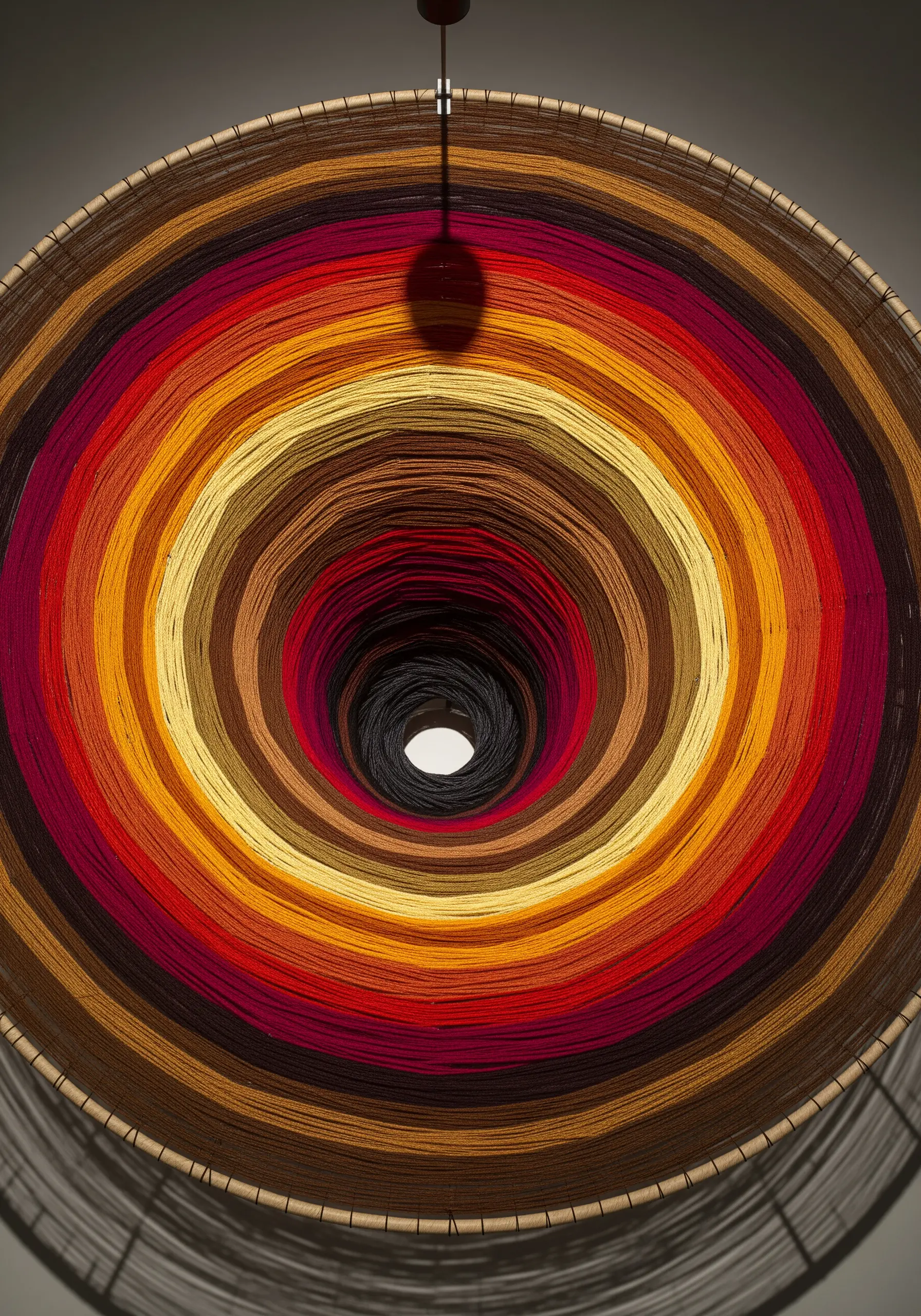 A large circular loom woven with concentric circles of color in earthy red, orange, and brown tones.