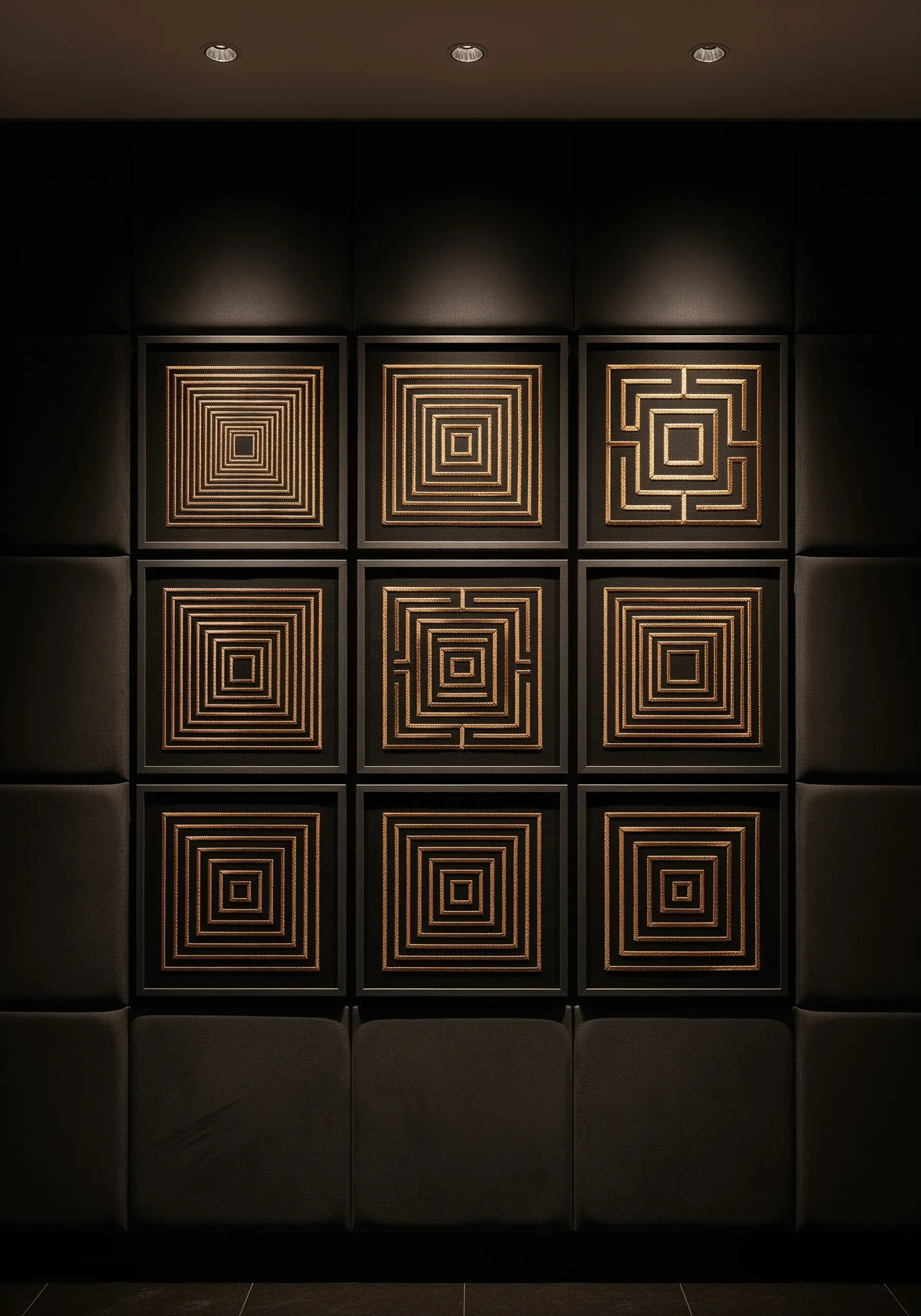 A nine-panel grid of framed geometric mazes embroidered in gold thread on black fabric.
