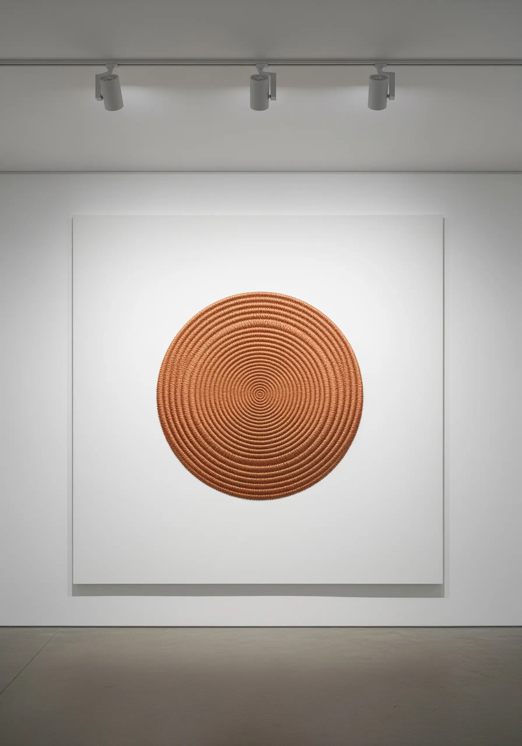 A large white canvas with a perfect, tightly wound spiral of copper-colored metallic cord.