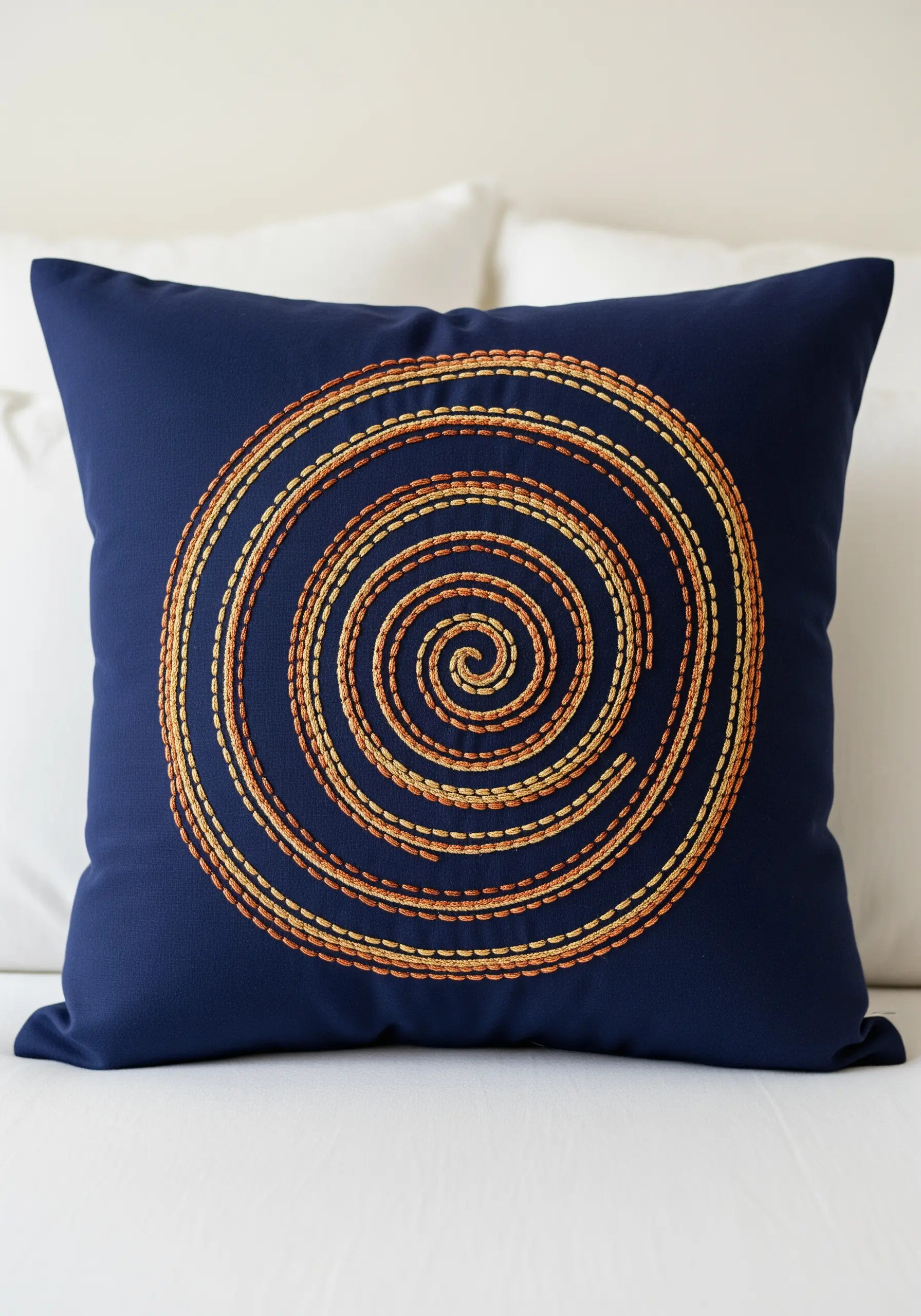 A large, mesmerizing spiral stitched in a gradient of orange and yellow on a navy blue pillow.