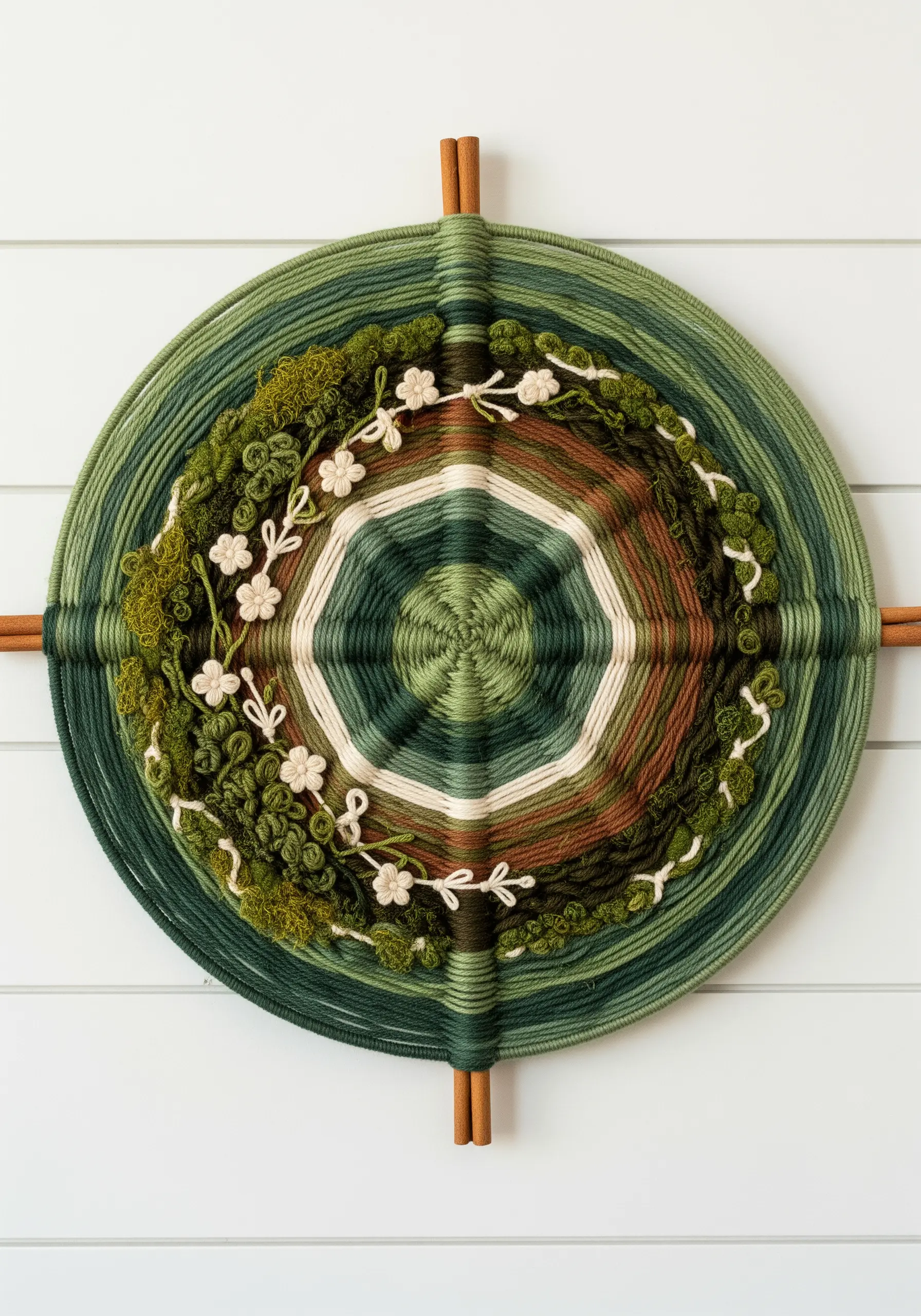 A circular Ojo de Dios yarn weaving in shades of green with delicate floral embellishments.