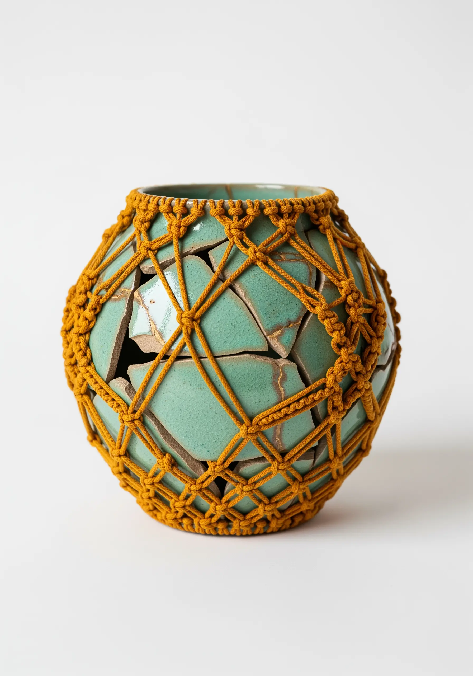 A broken turquoise ceramic pot held together by a carefully knotted macrame net in mustard-yellow.