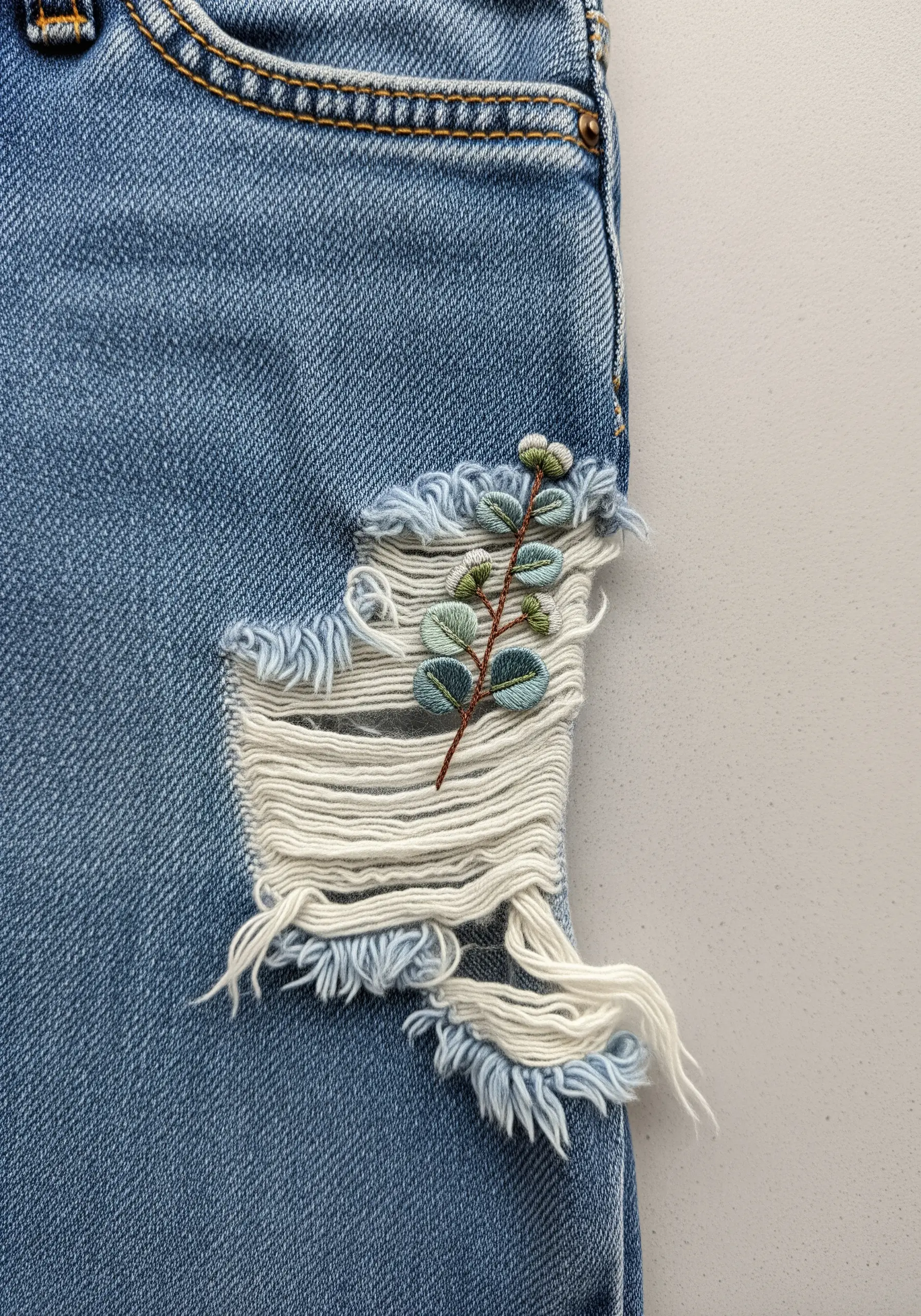 A branch of eucalyptus with dusty green leaves embroidered over a ripped section of jeans.