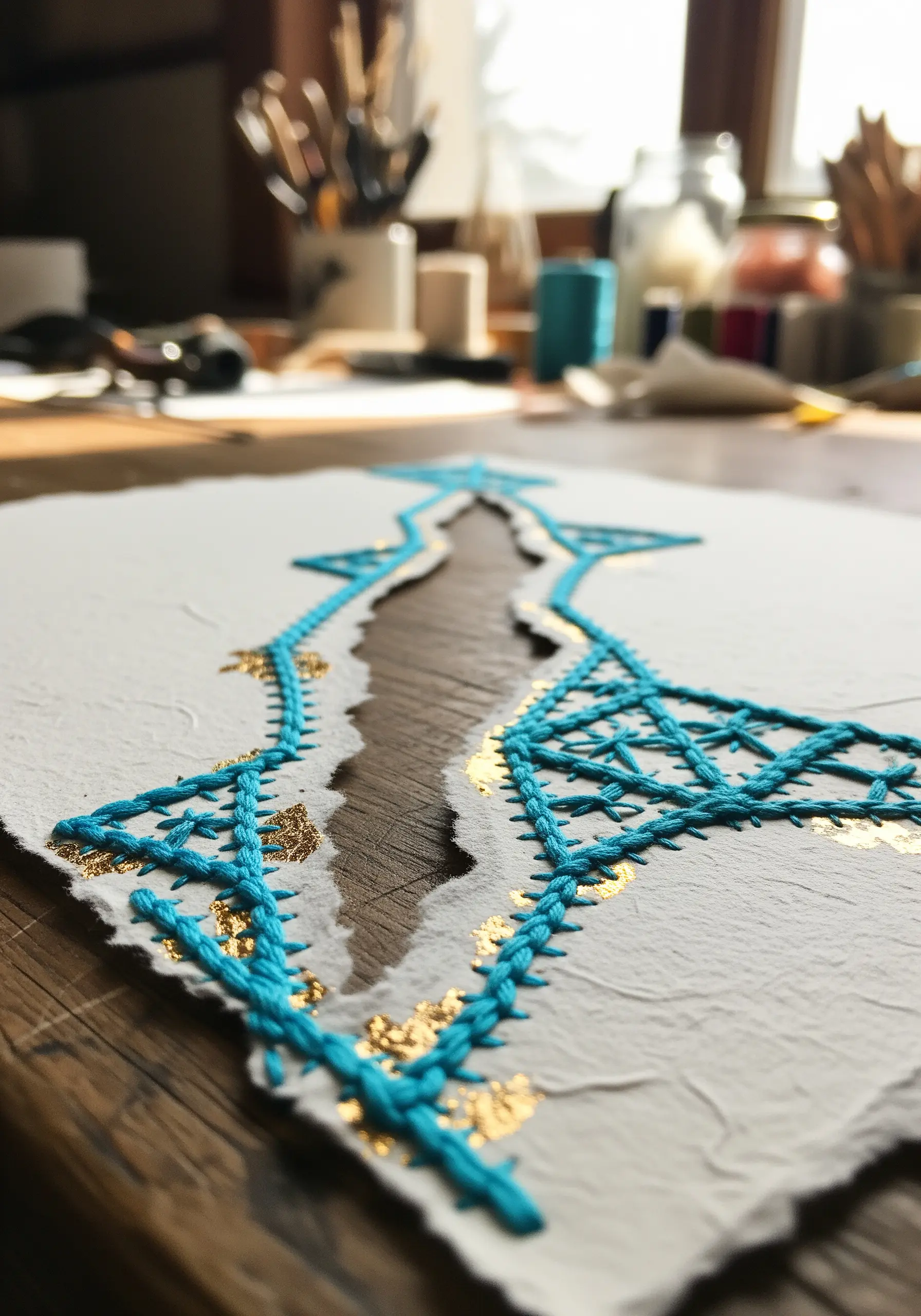 White paper with a torn gap bridged by turquoise cross-stitching and gold leaf details