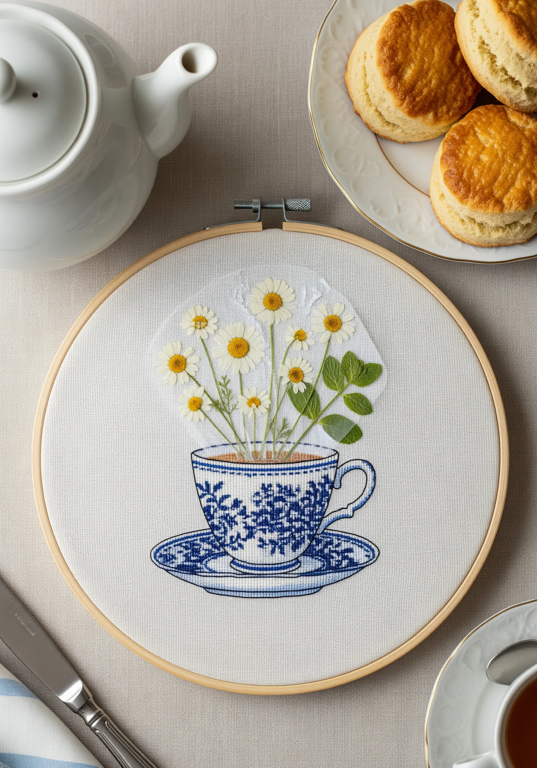 A blue and white cross-stitched teacup with real pressed chamomile flowers rising from it.