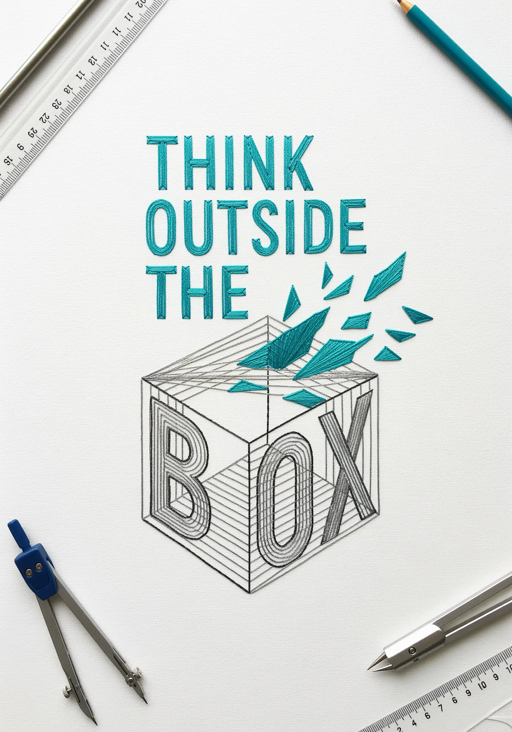 “THINK OUTSIDE THE BOX” combining line drawing with teal and grey embroidery.