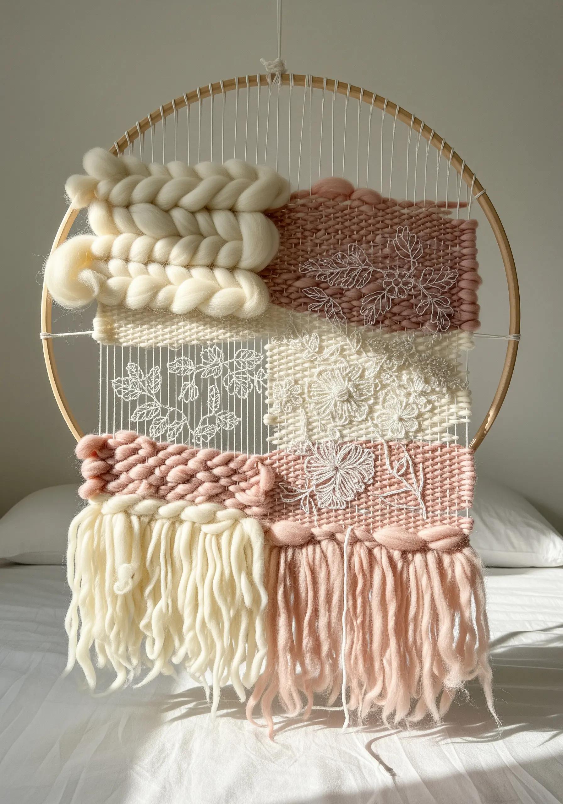 Woven wall hanging mixed with delicate white floral embroidery