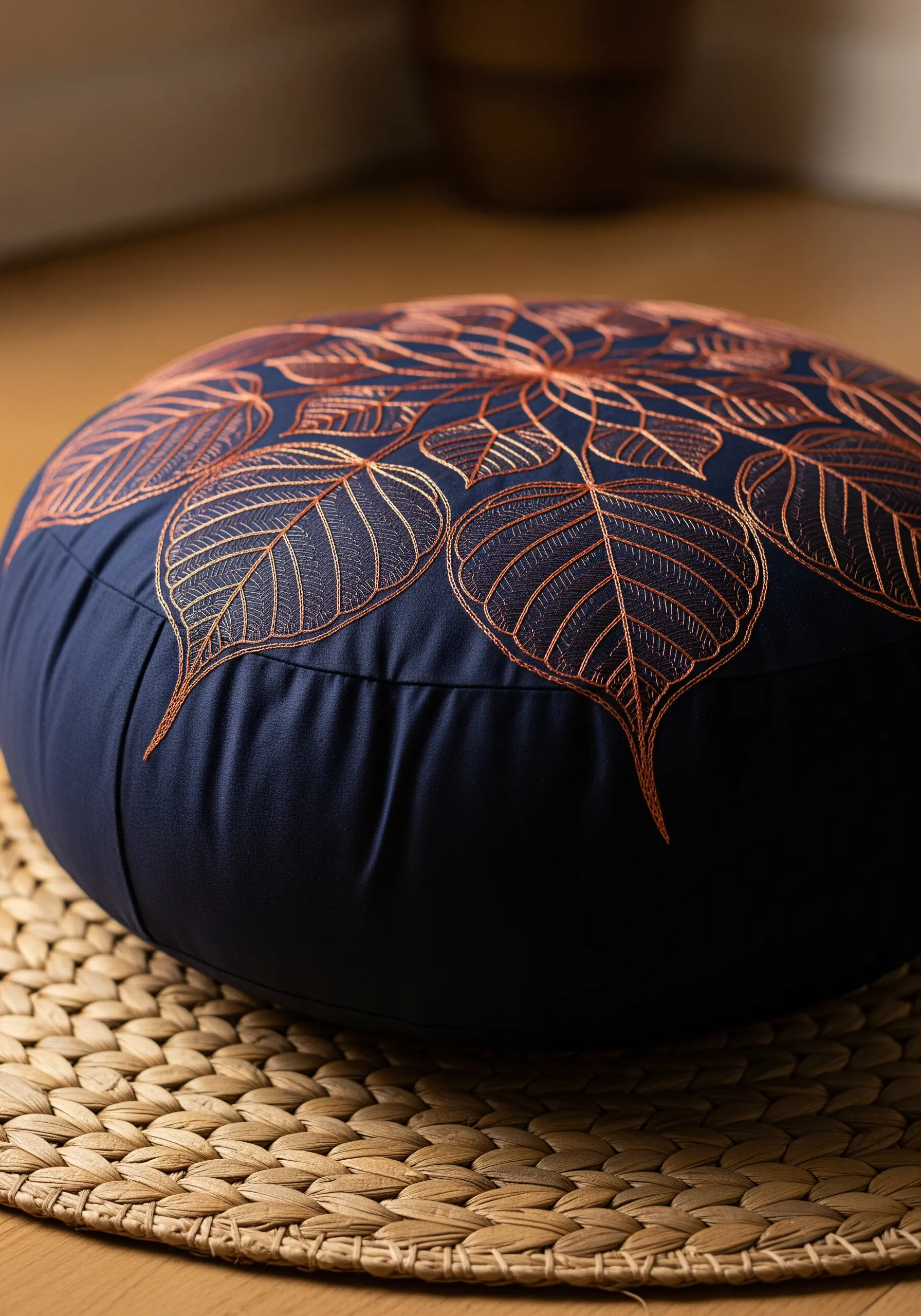 Copper metallic thread embroidery of Bodhi leaves on a navy meditation cushion.