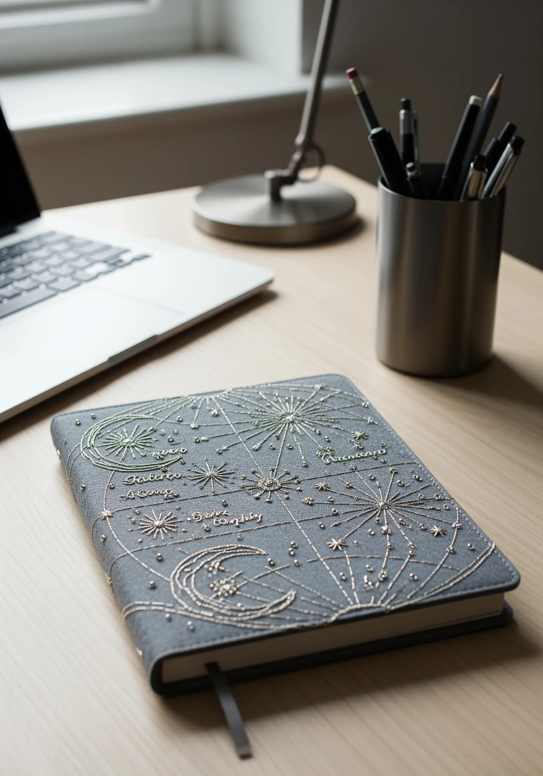 Grey notebook on a desk featuring silver and gold embroidered constellations and stars