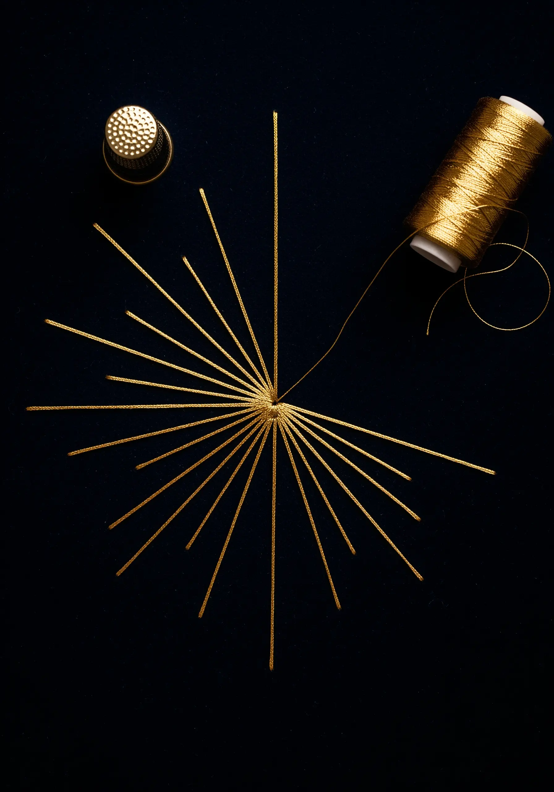 Gold metallic thread starburst embroidery on black fabric