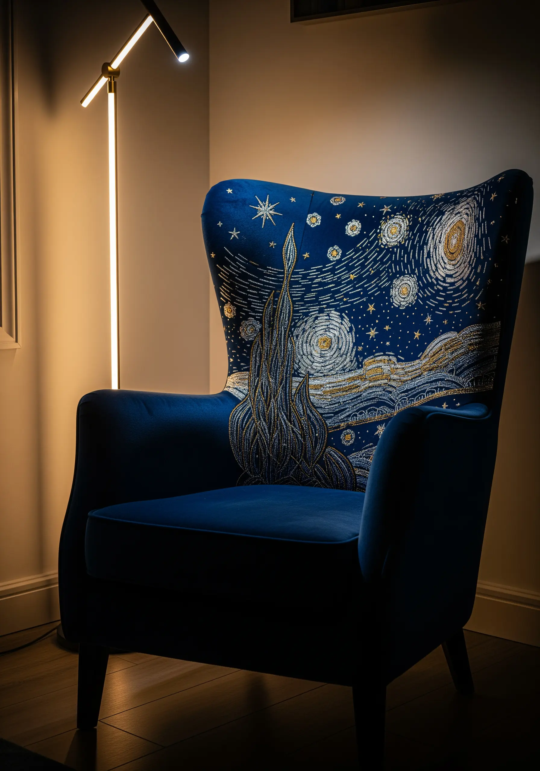 Blue velvet wingback chair with Starry Night embroidery