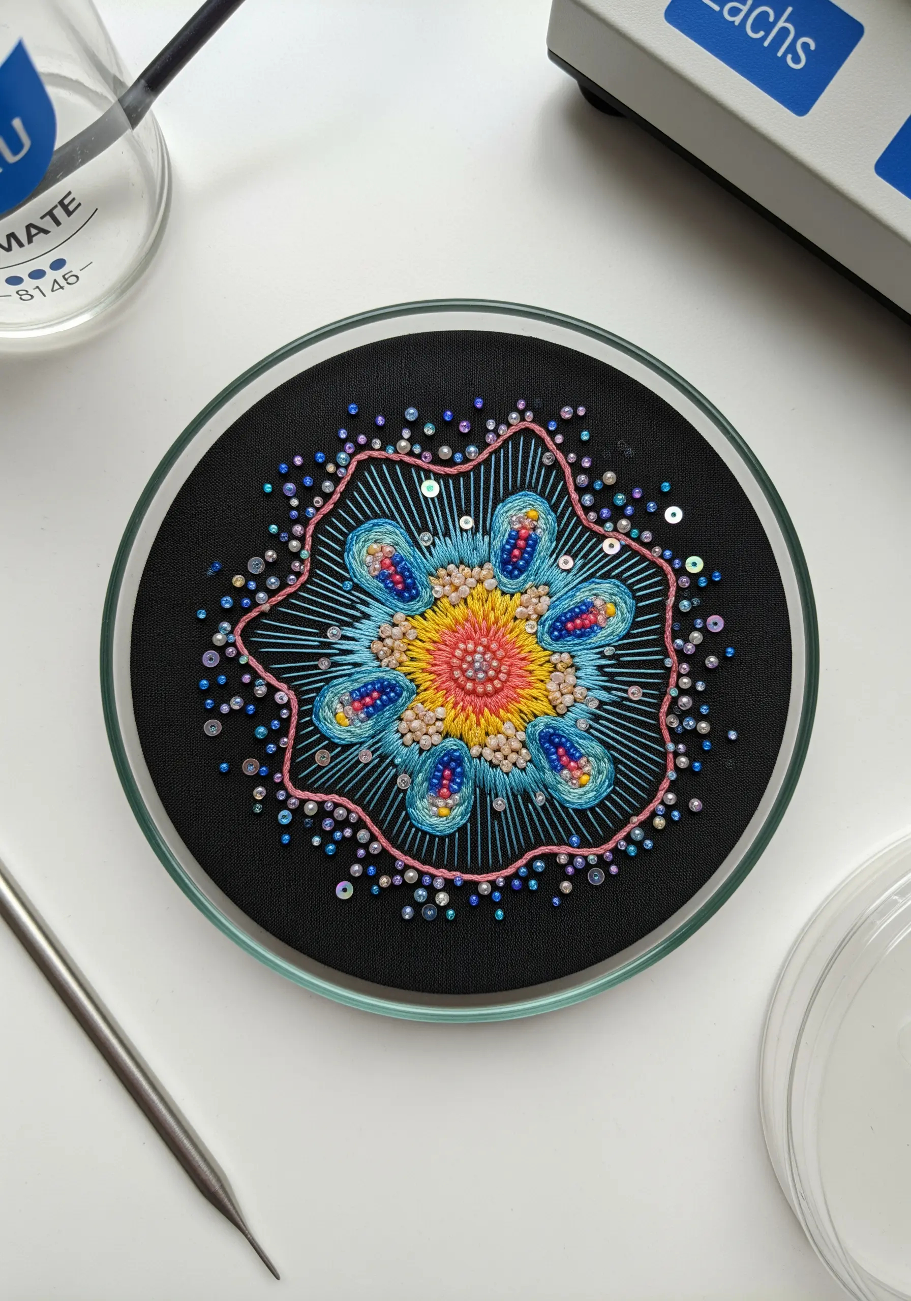 An intricate embroidery of a microorganism with beads and sequins, presented in a petri dish.