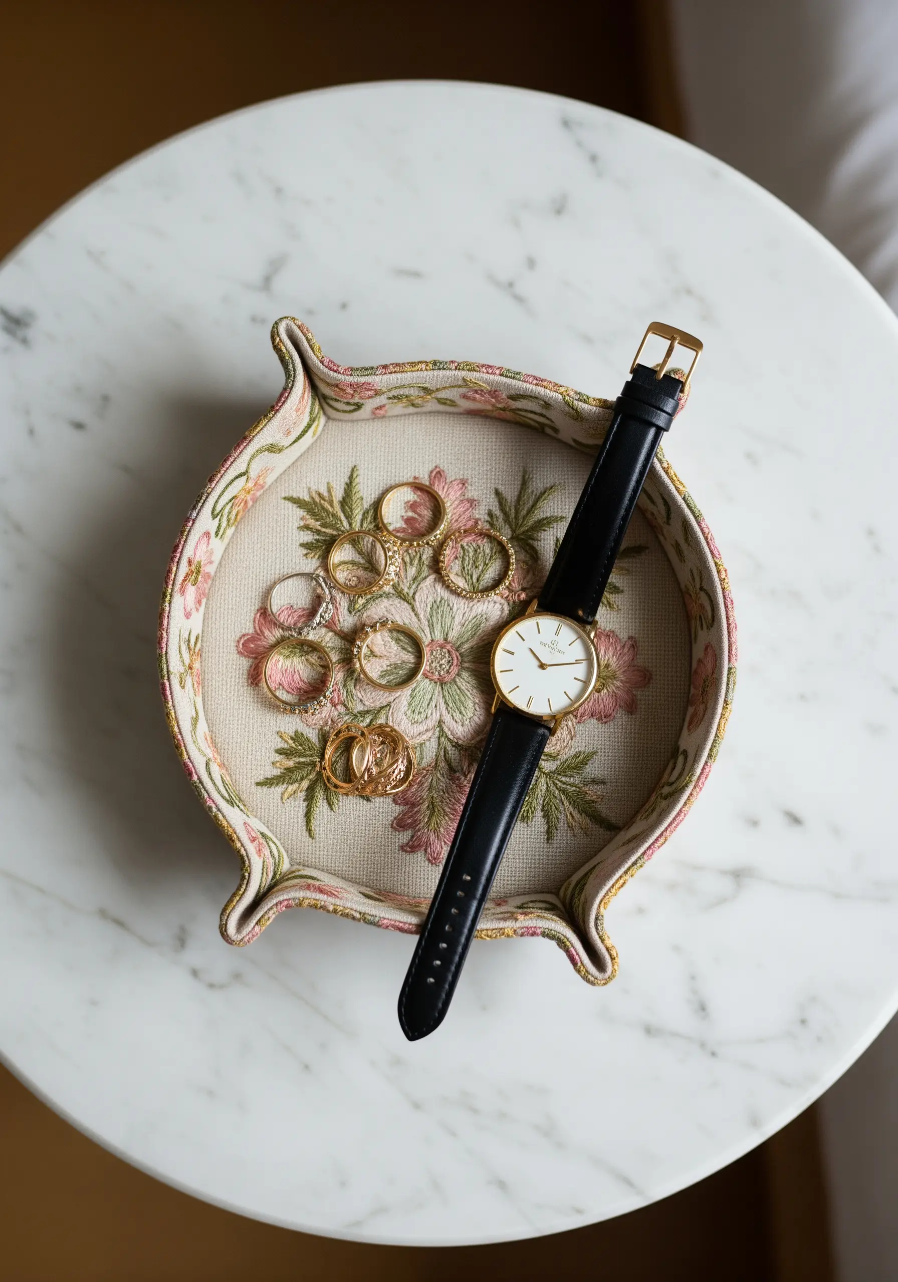 Fabric lined jewelry tray with delicate floral embroidery