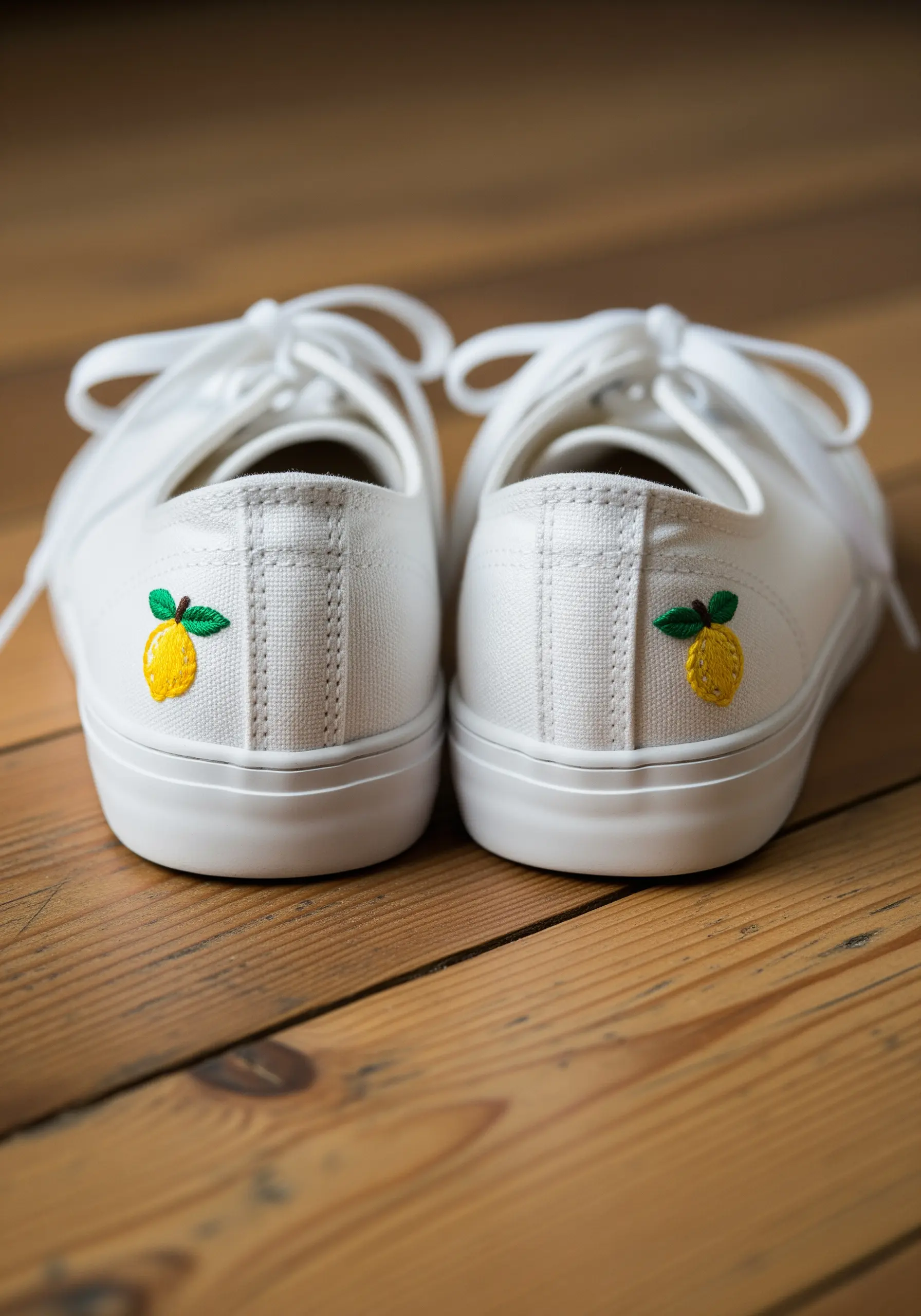 White canvas sneakers with small yellow lemons embroidered on the heels