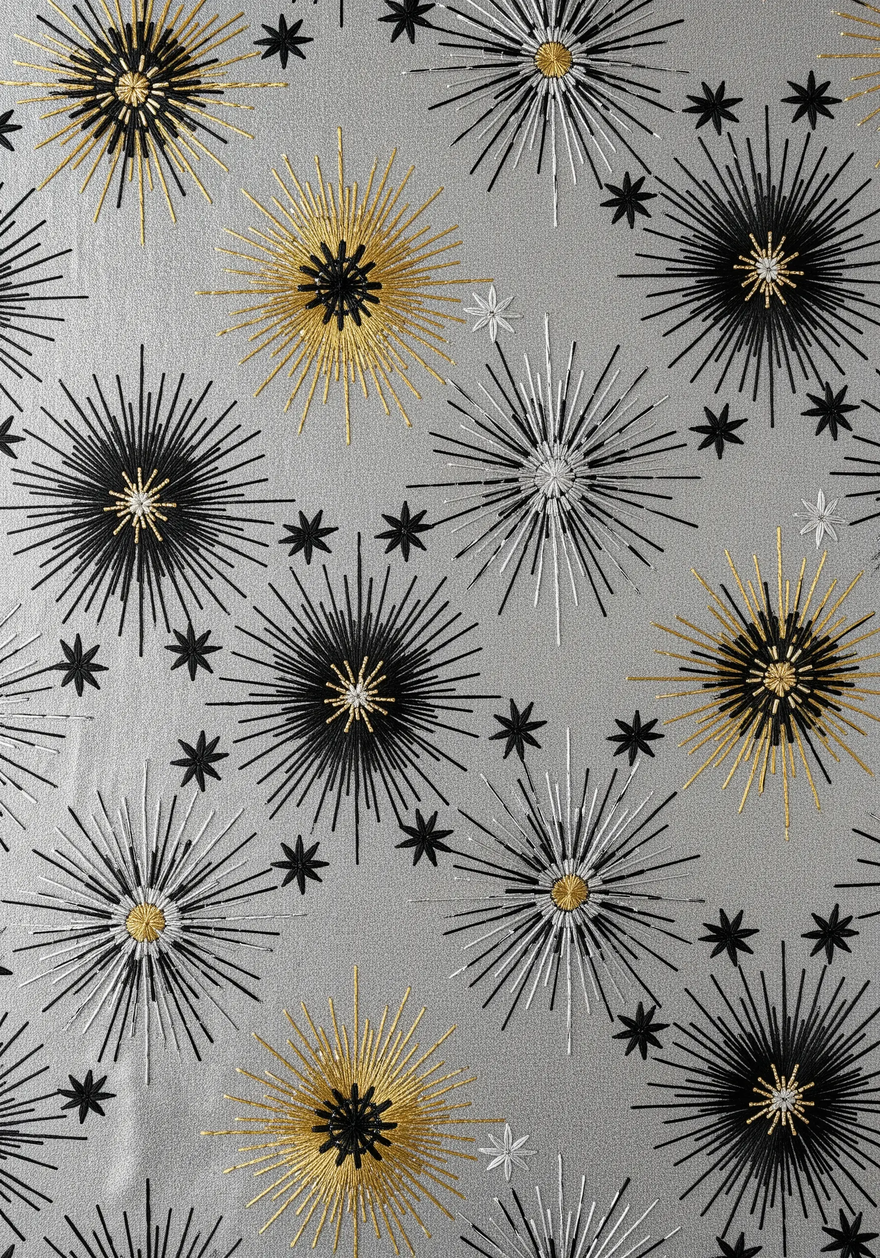 Mid-century modern starburst pattern embroidered in black, gold, and white on gray fabric.