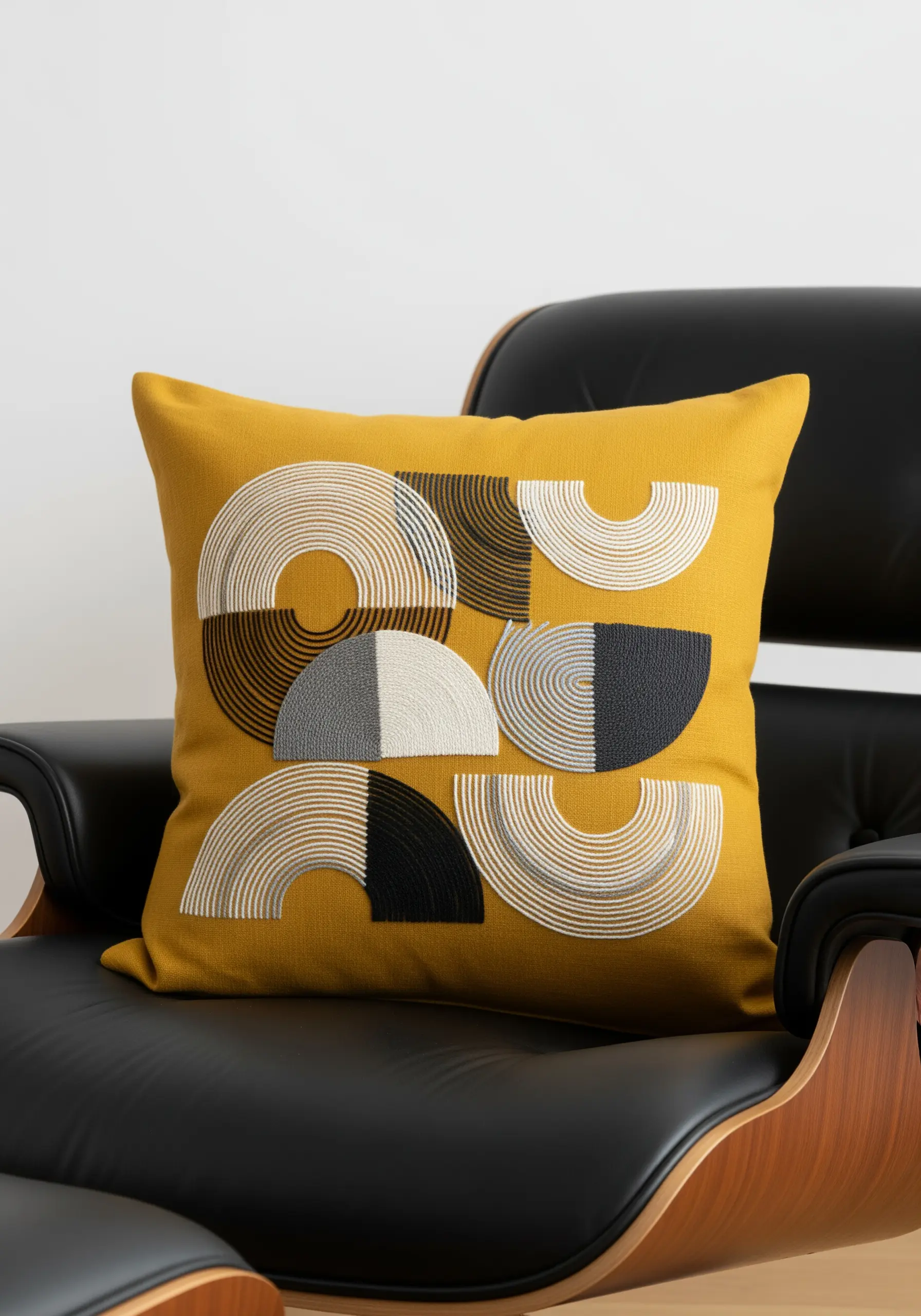 Mid-century modern geometric shapes in black, white, and gray satin stitch on a mustard pillow.