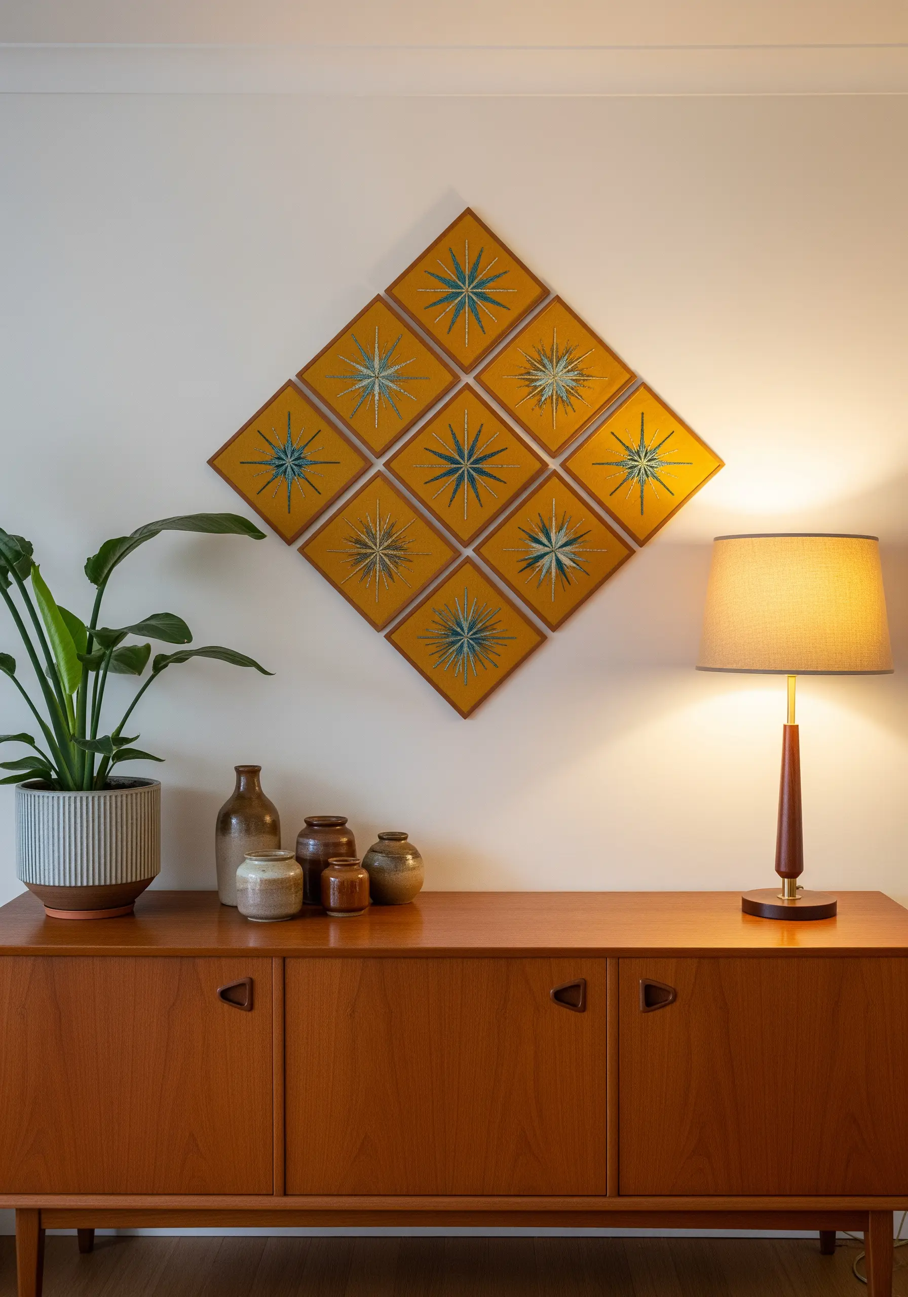 Mid-century modern starburst embroidery on mustard fabric