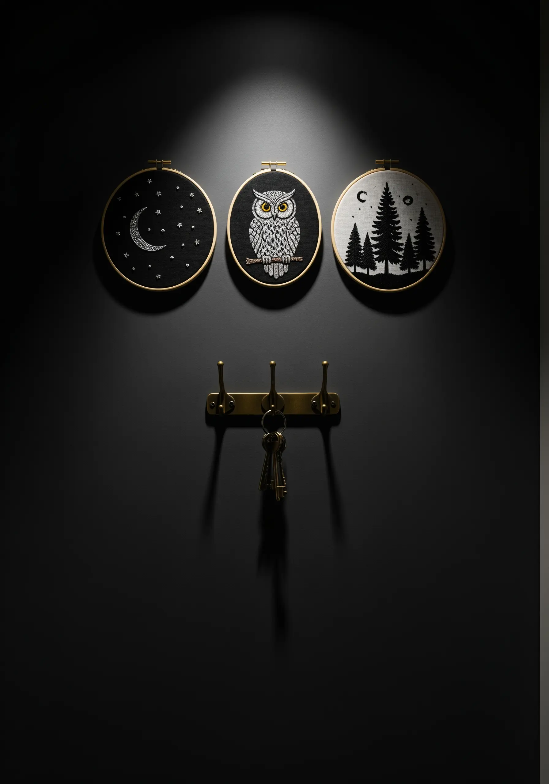 A triptych of embroidery hoops on a dark wall with a moon, owl, and forest scene.