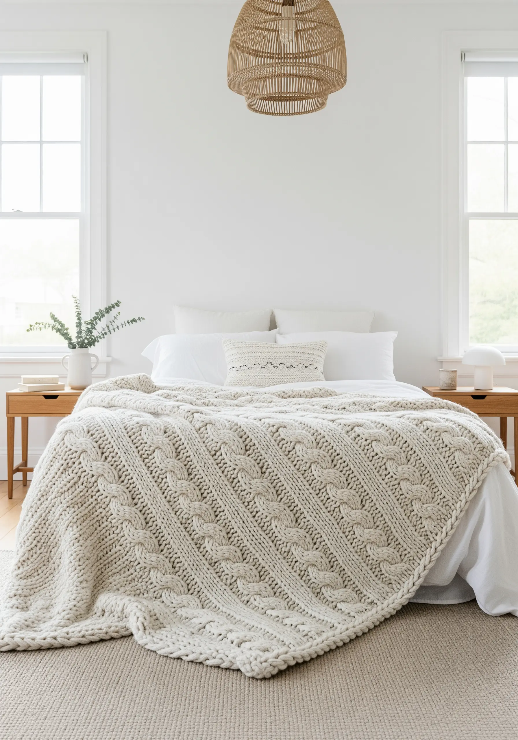 A very thick, off-white cable-knit blanket draped over a bed in a minimalist room.
