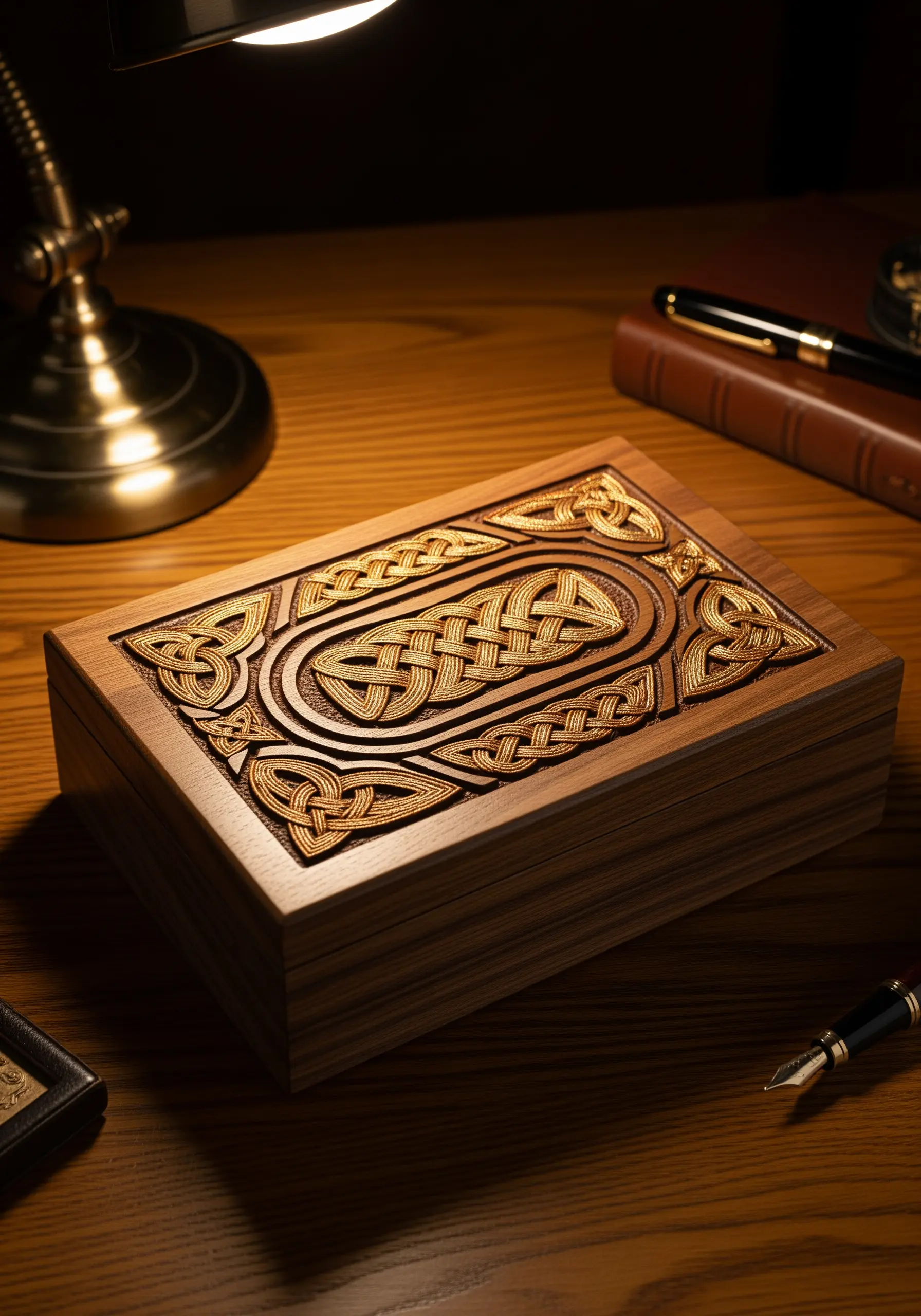 A wooden box with an intricate, carved Celtic knot design on the lid.