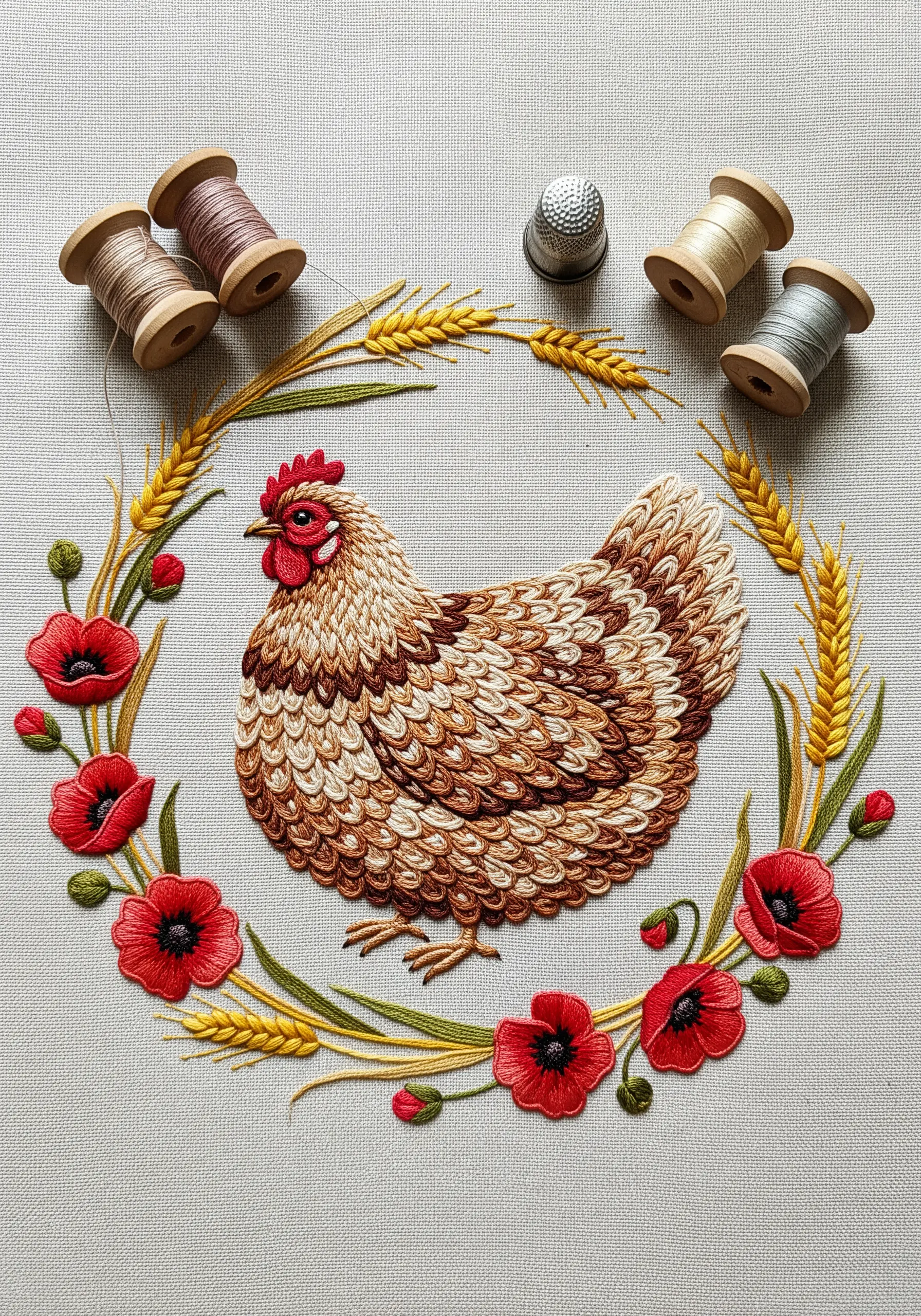 A detailed embroidered hen with layered, directional stitches creating a feather effect.