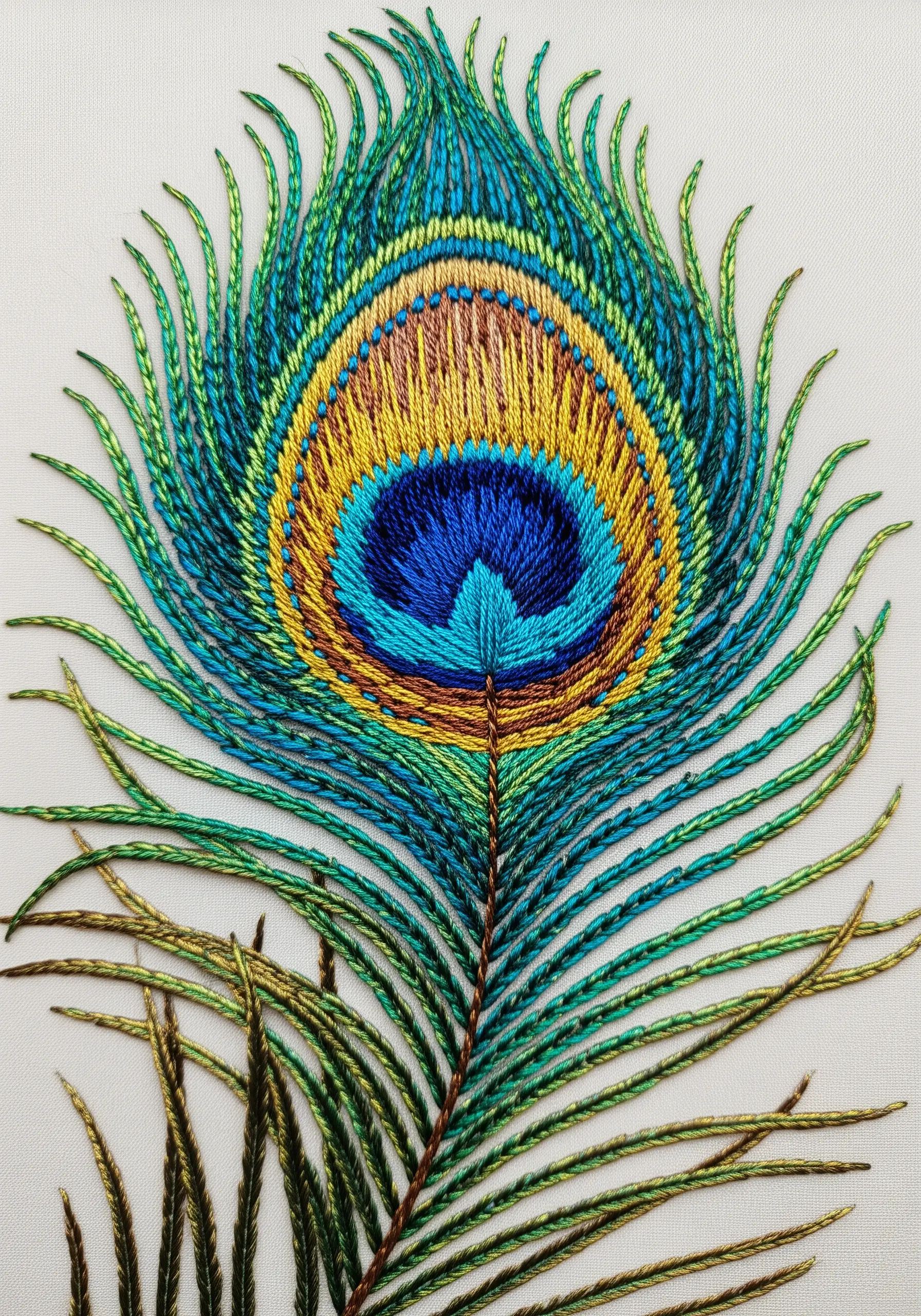 A detailed, iridescent embroidered peacock feather on white canvas.