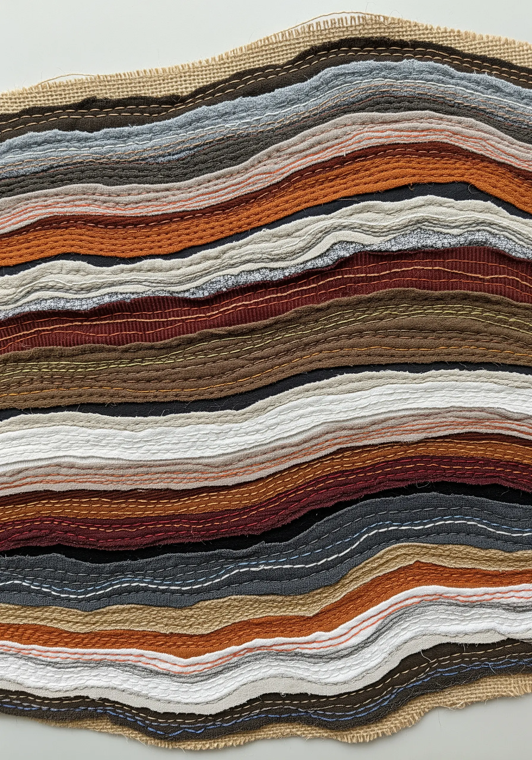 Layered and torn strips of fabric in earthy colors, stitched horizontally to resemble geological strata.