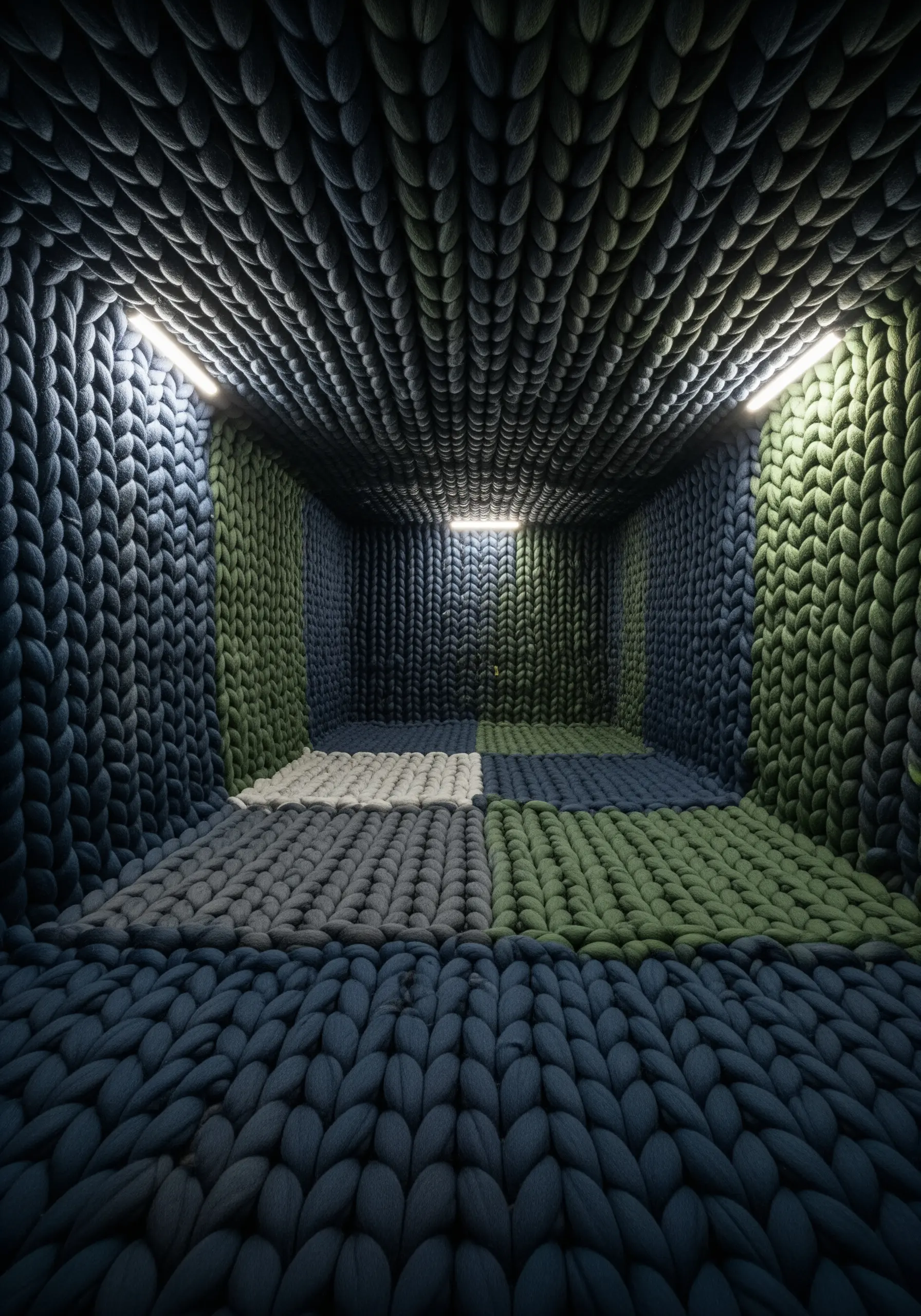 A room lined with oversized knitted panels in dark blue and green chunky yarn.