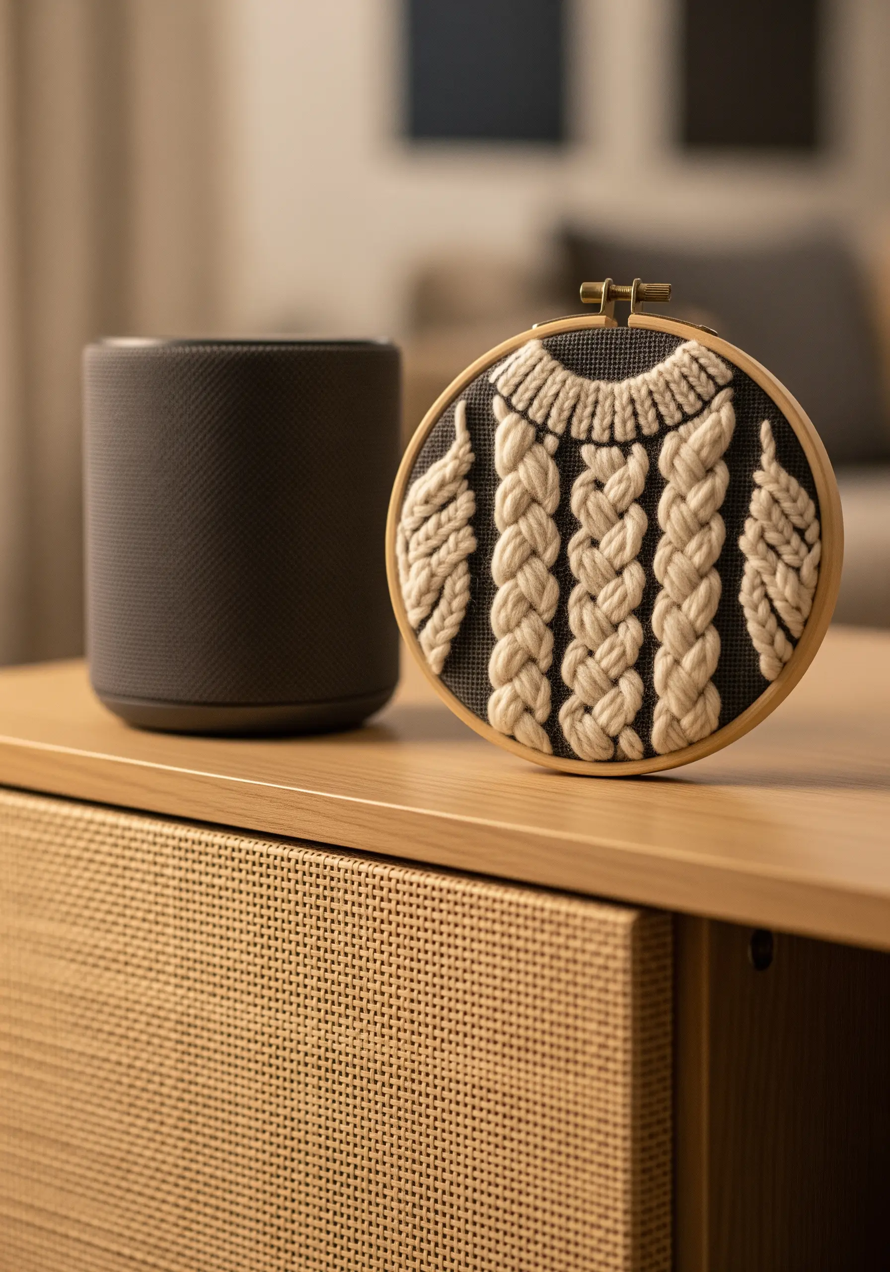 A close-up of an embroidery hoop featuring a chunky, cable-knit sweater texture in cream yarn.