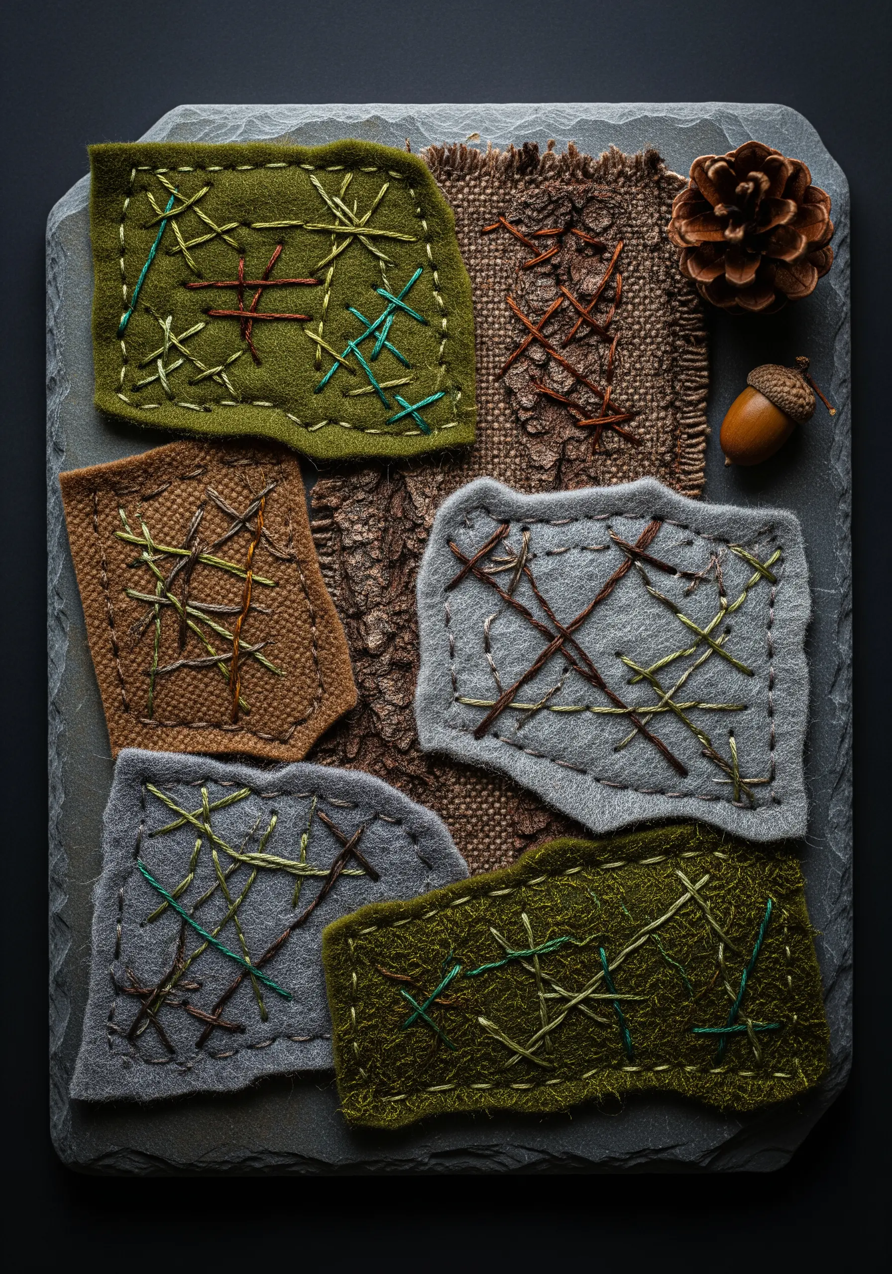 Organic felt shapes in earth tones are stitched with random green and brown thread to mimic lichen.