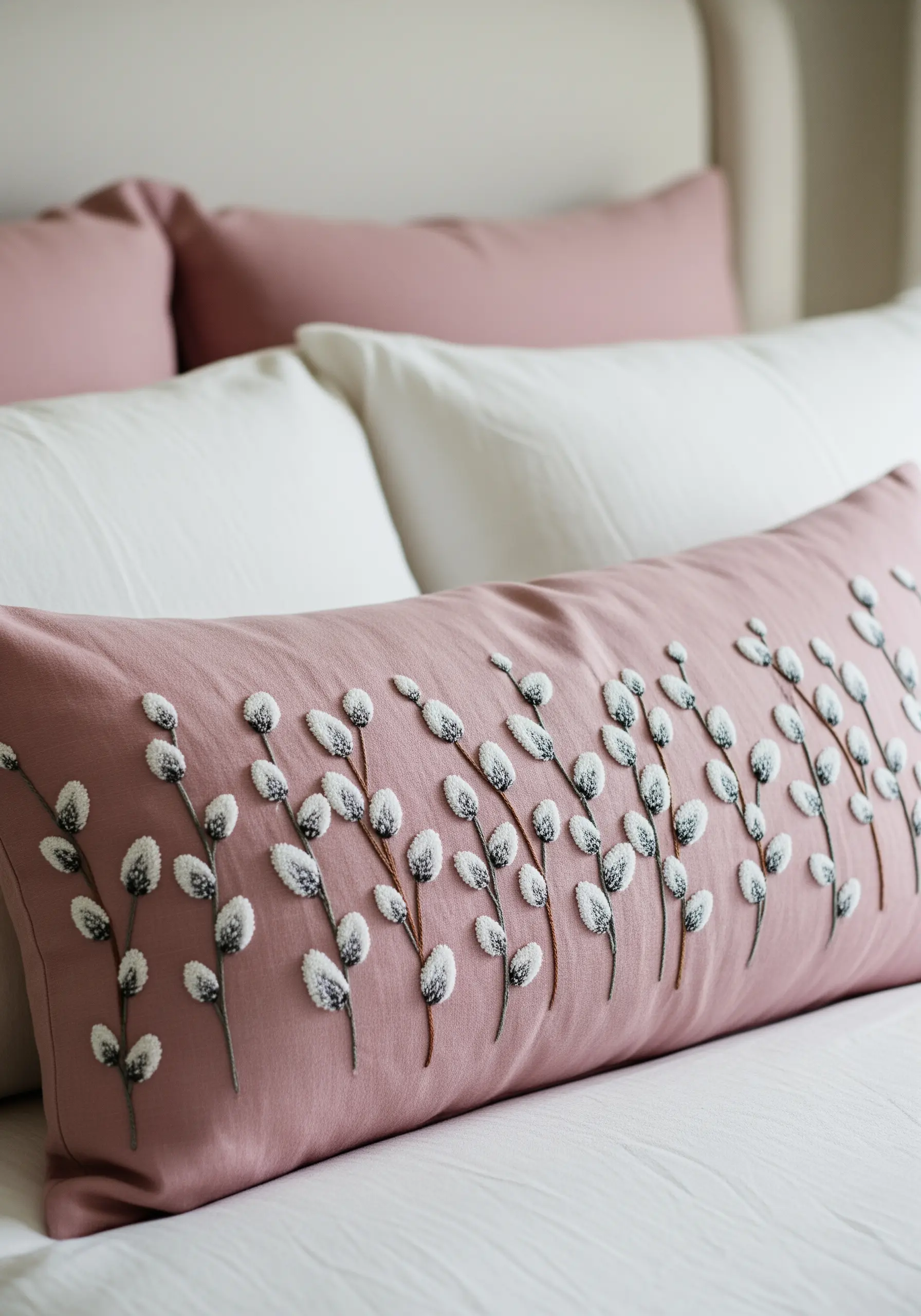 A dusty rose lumbar pillow with embroidered pussy willow branches using textured white knots.