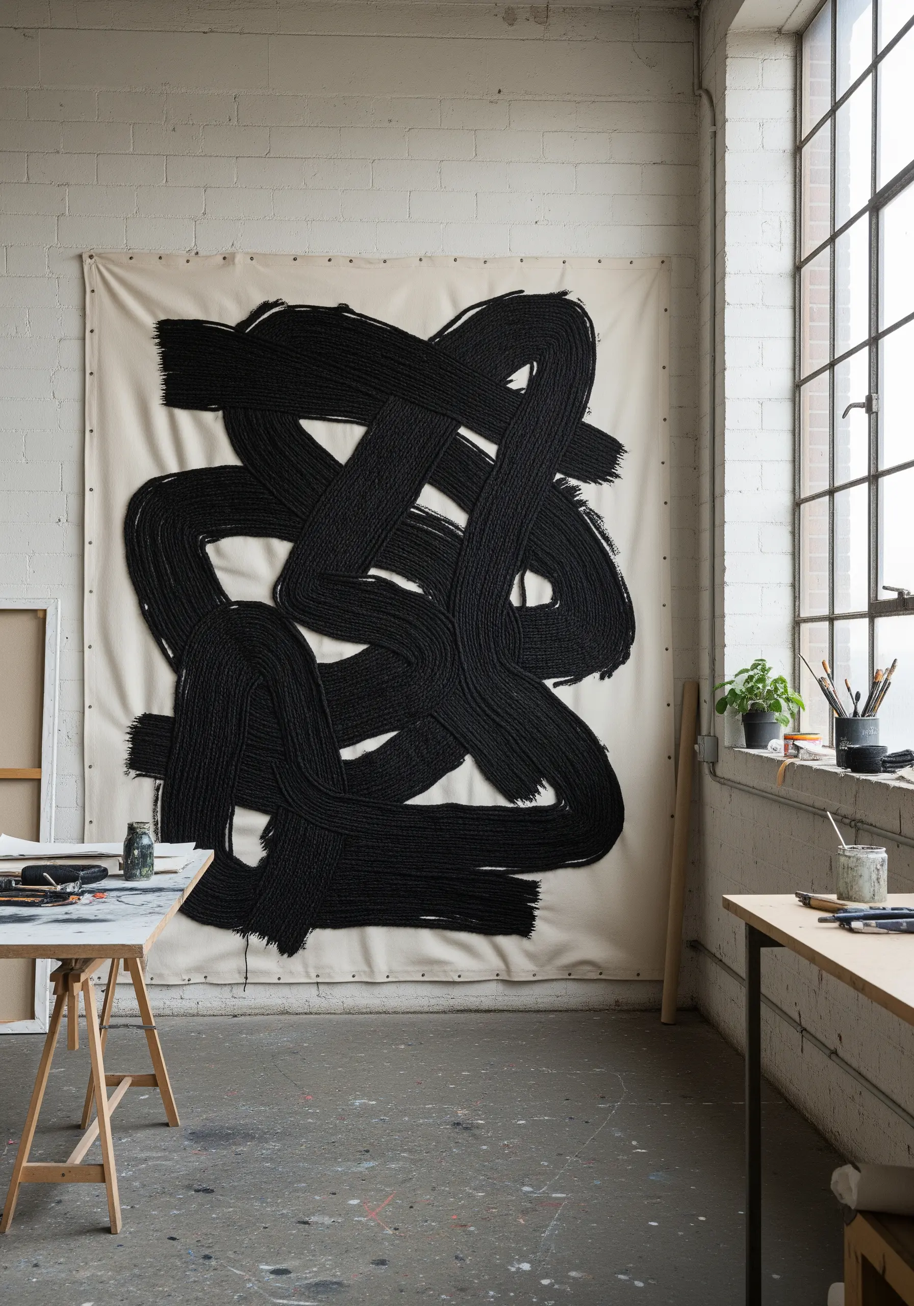 Large canvas with abstract, sculptural black brushstrokes made from thick yarn.