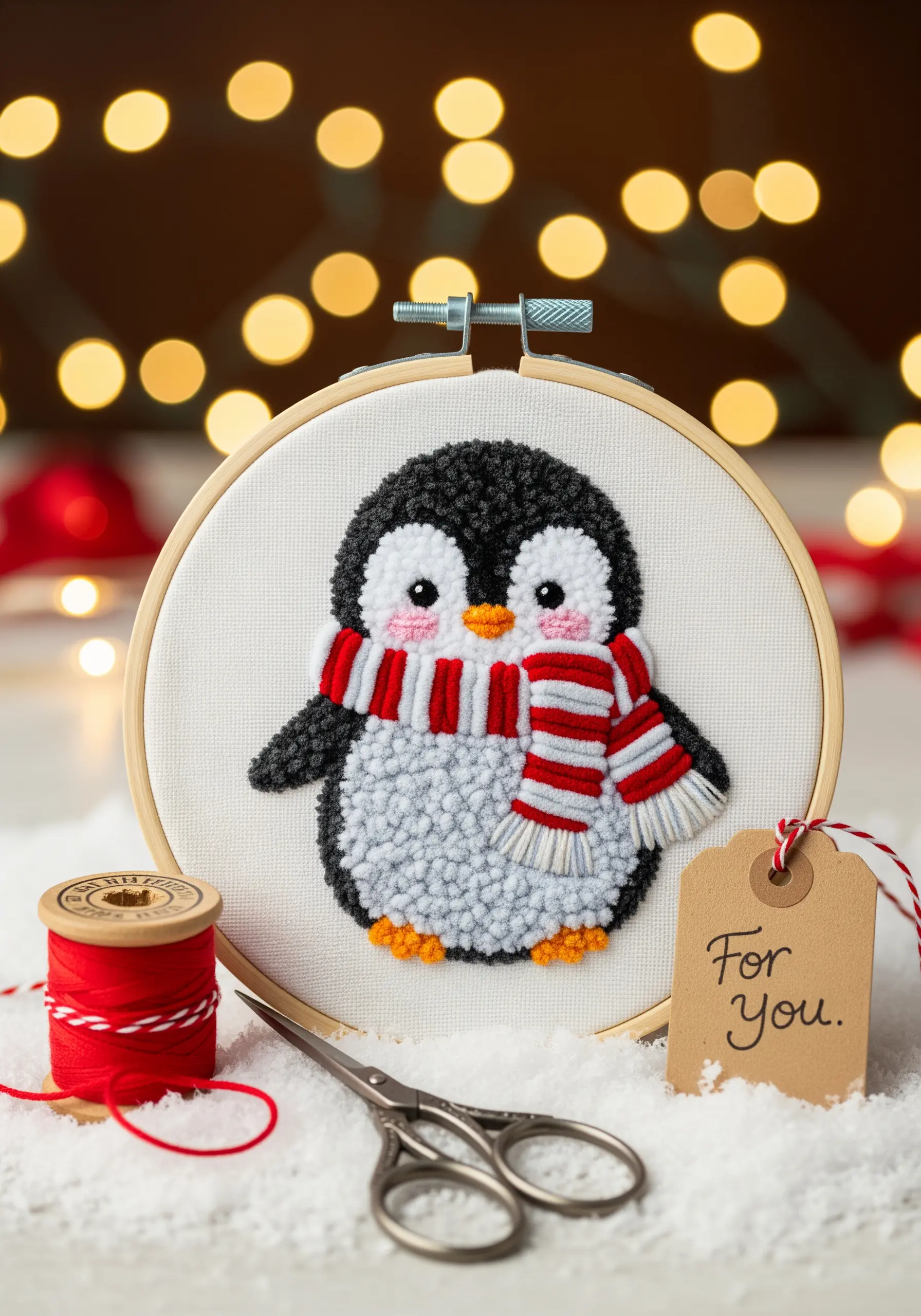 A fluffy, textural penguin with a red and white scarf, made with punch needle or dense knots.