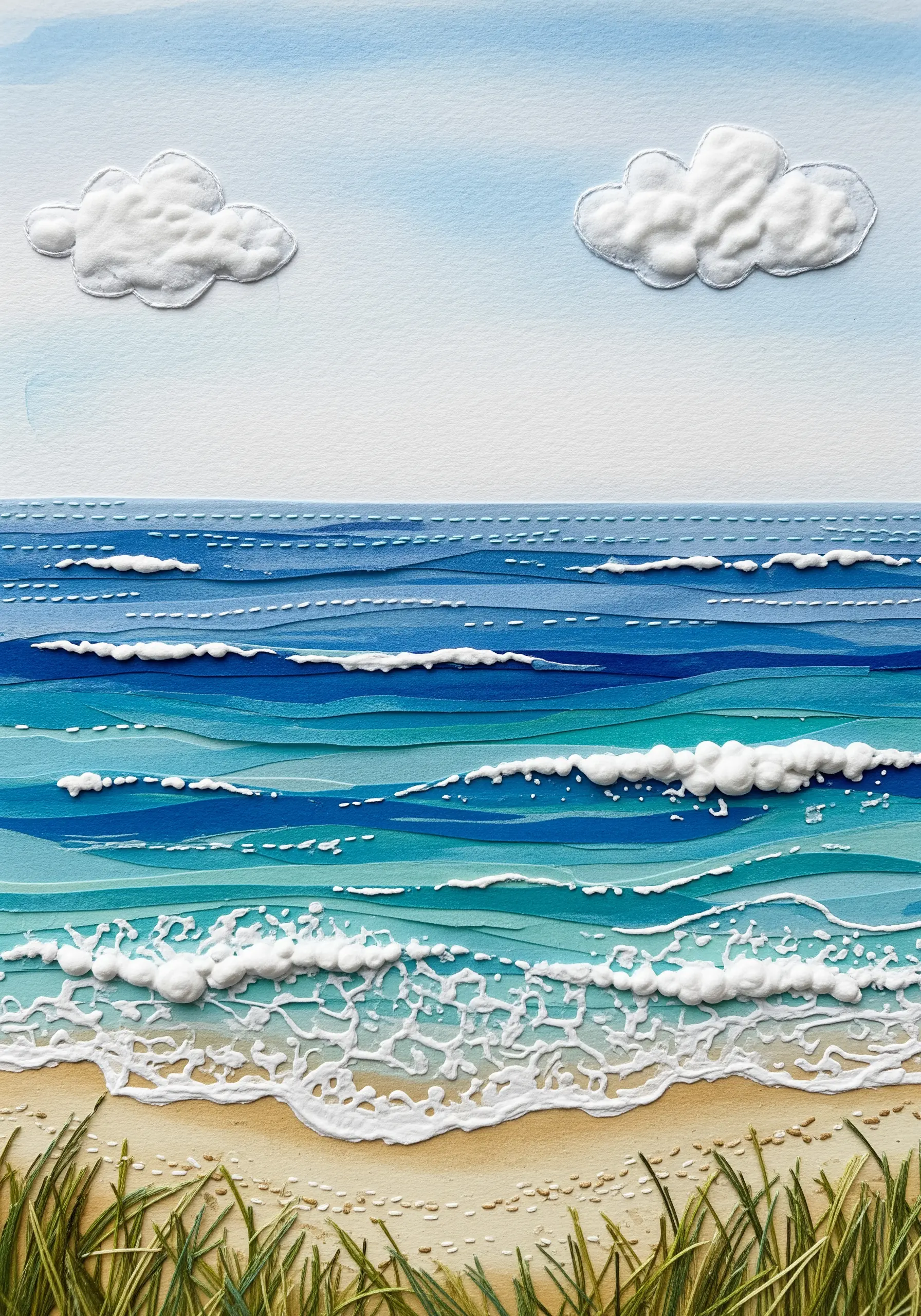 A seascape collage with layered blue paper for water and white puffy paint for clouds and foam.