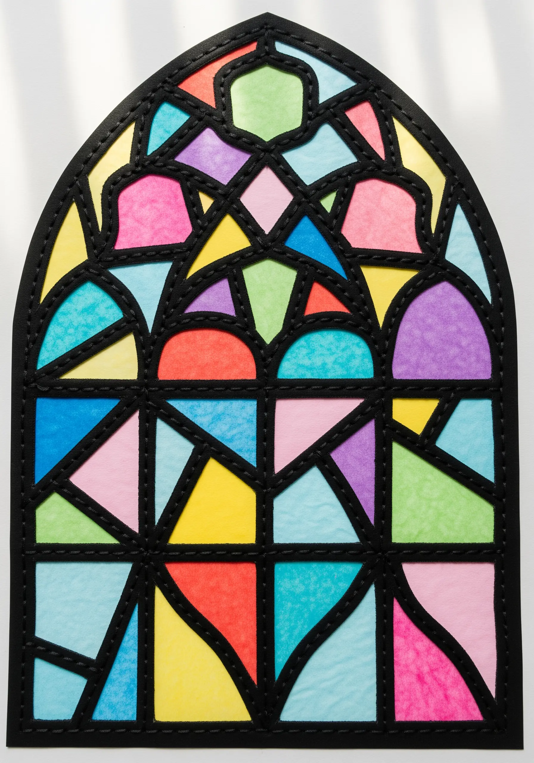 A stained-glass window design made of colorful paper with black stitched outlines.