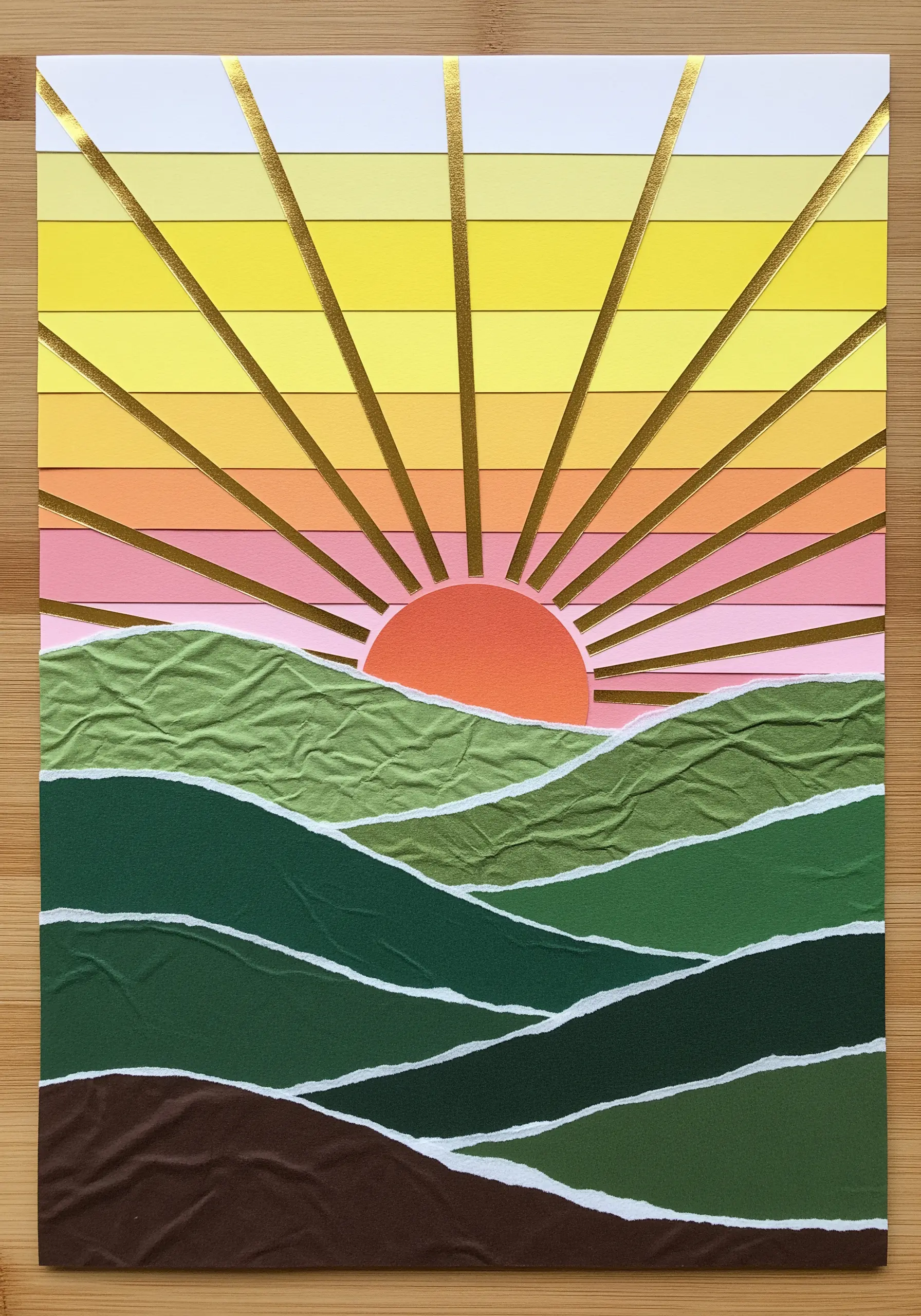 A landscape collage of a sunrise over green hills, with torn and crinkled paper for texture.