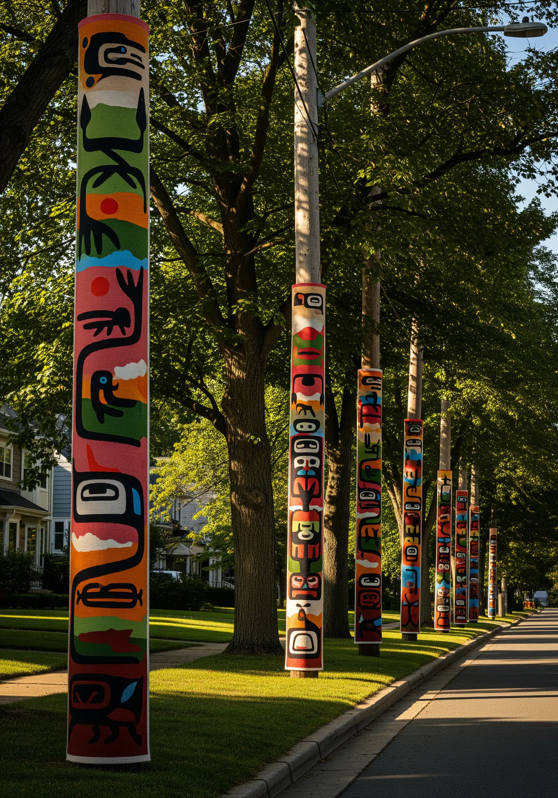 A row of telephone poles wrapped in fabric featuring colorful, graphic, woven-style patterns.
