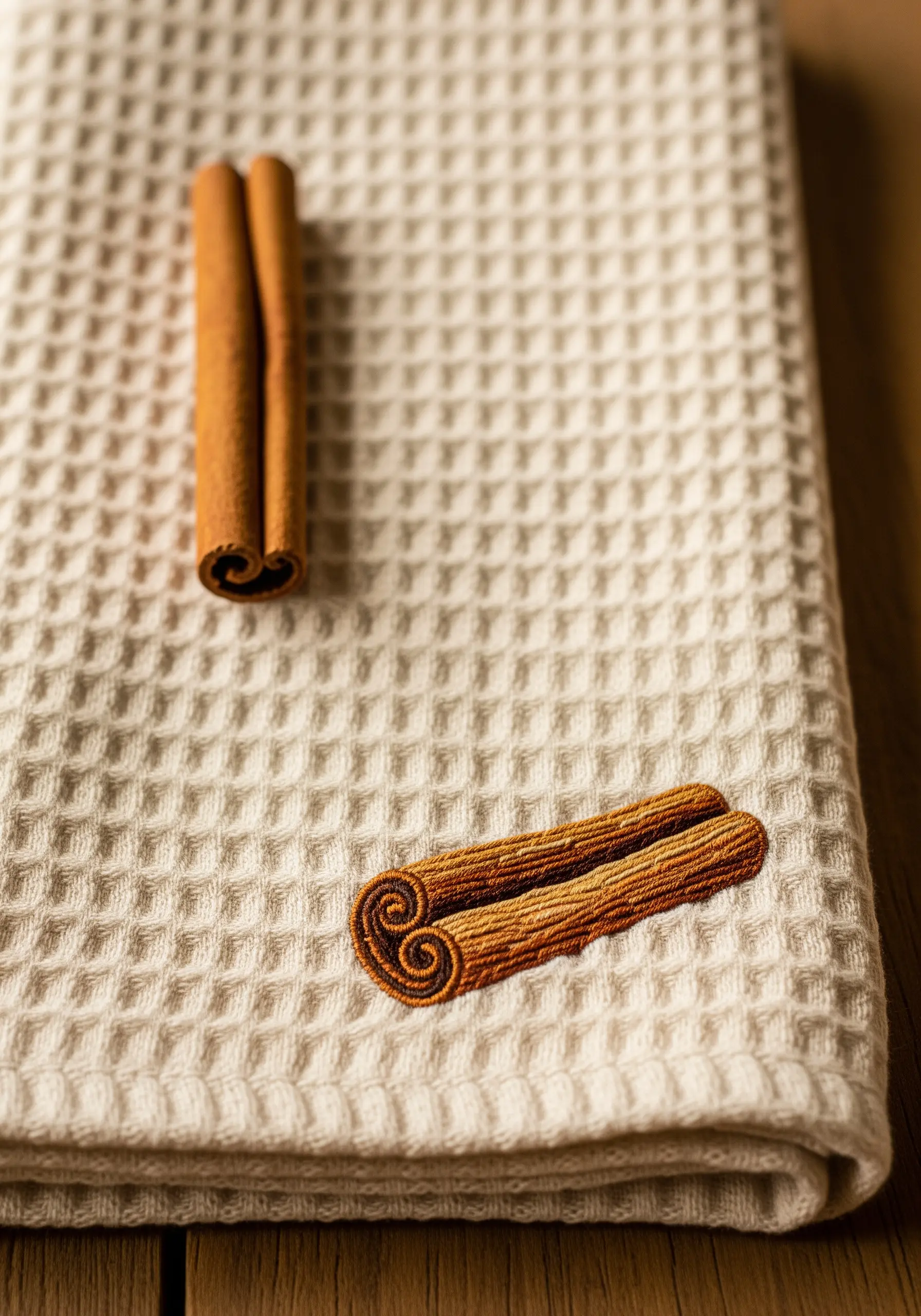 Two realistic embroidered cinnamon sticks on a cream waffle-weave kitchen towel.