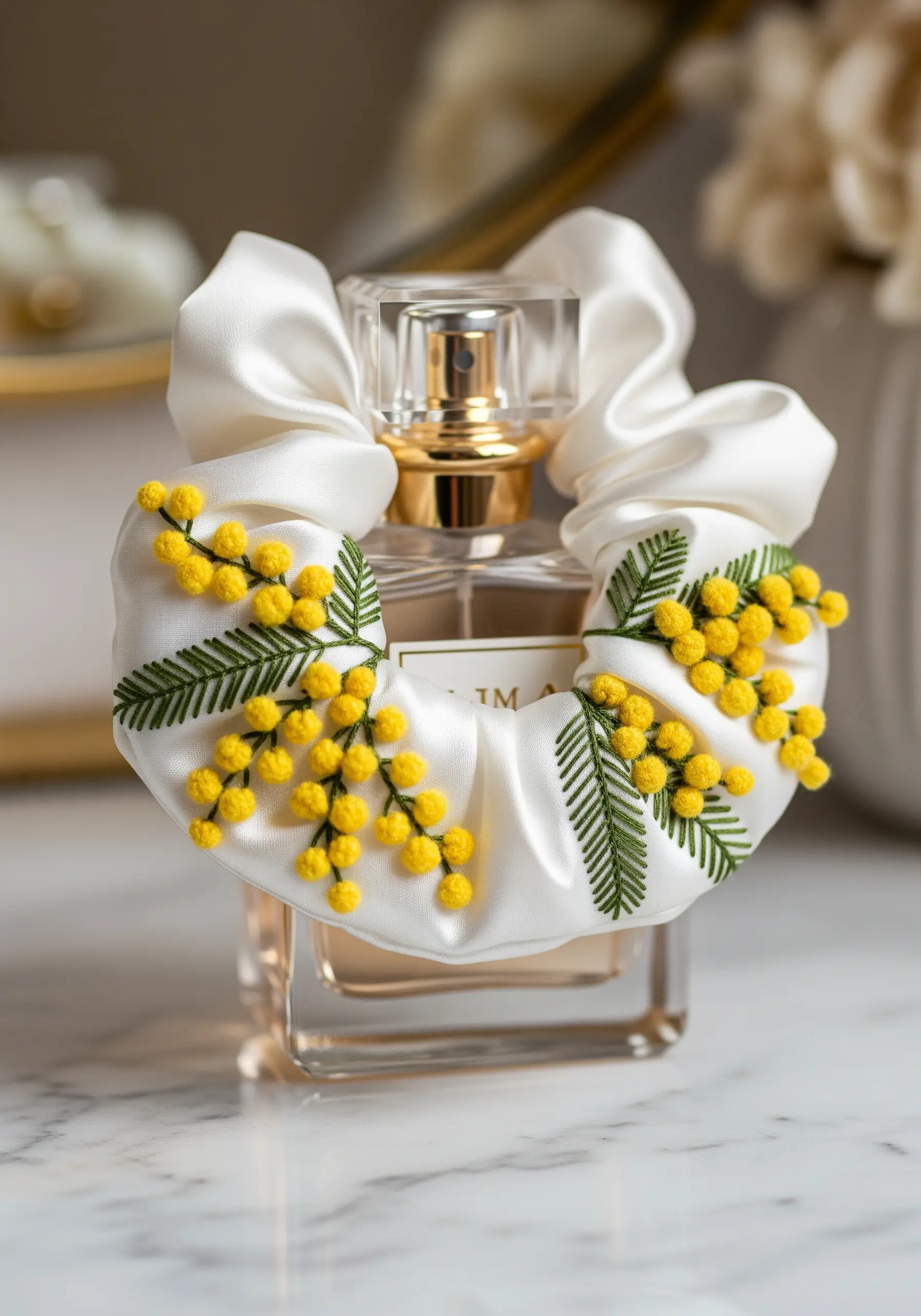 Yellow French knot mimosa embroidery on white silk scrunchie
