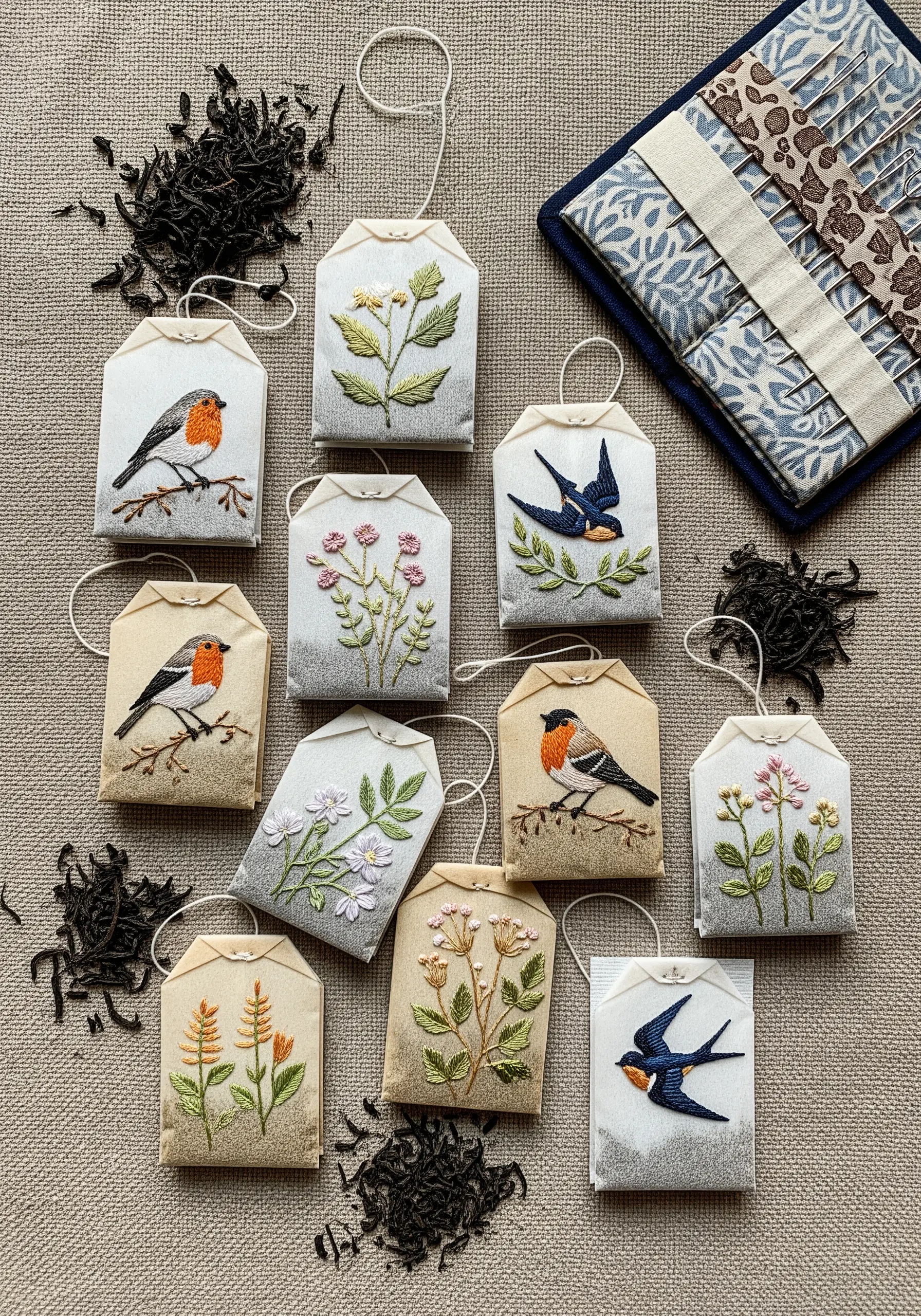 Tiny bird embroidery on recycled tea bag paper