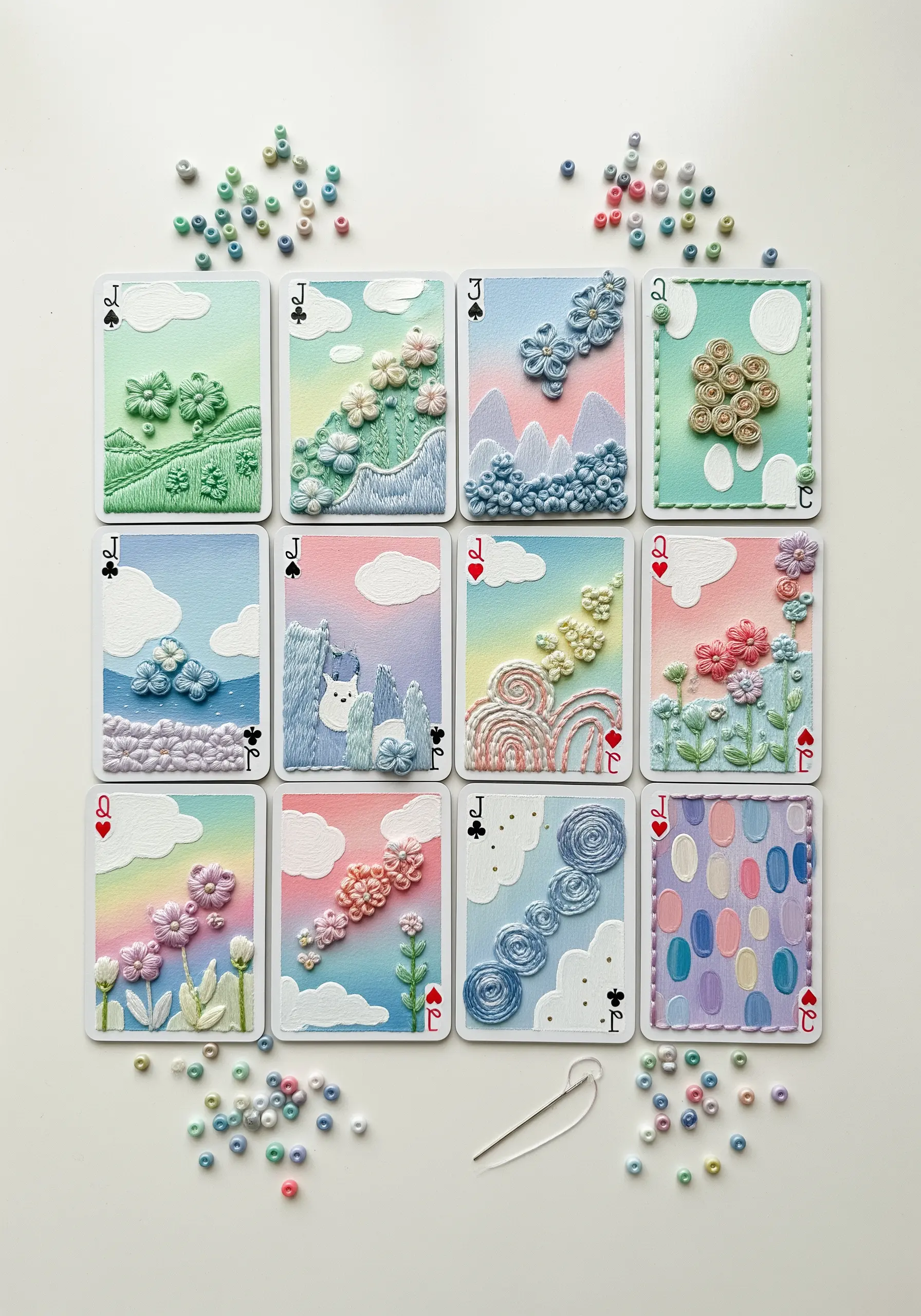 Altered playing cards with embroidered landscapes and clouds