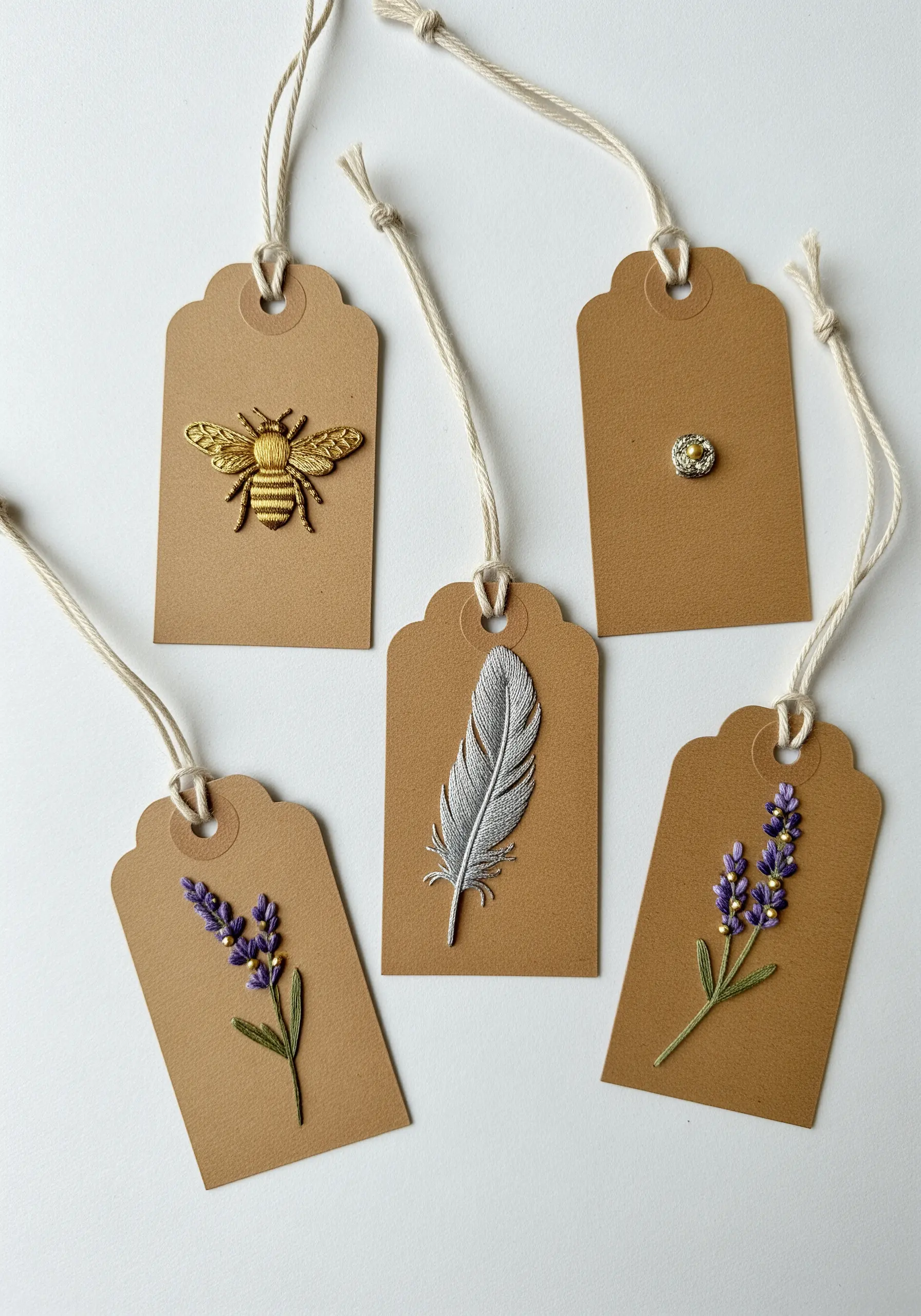 Kraft paper gift tags decorated with small, detailed embroidery motifs, including a bee and lavender.