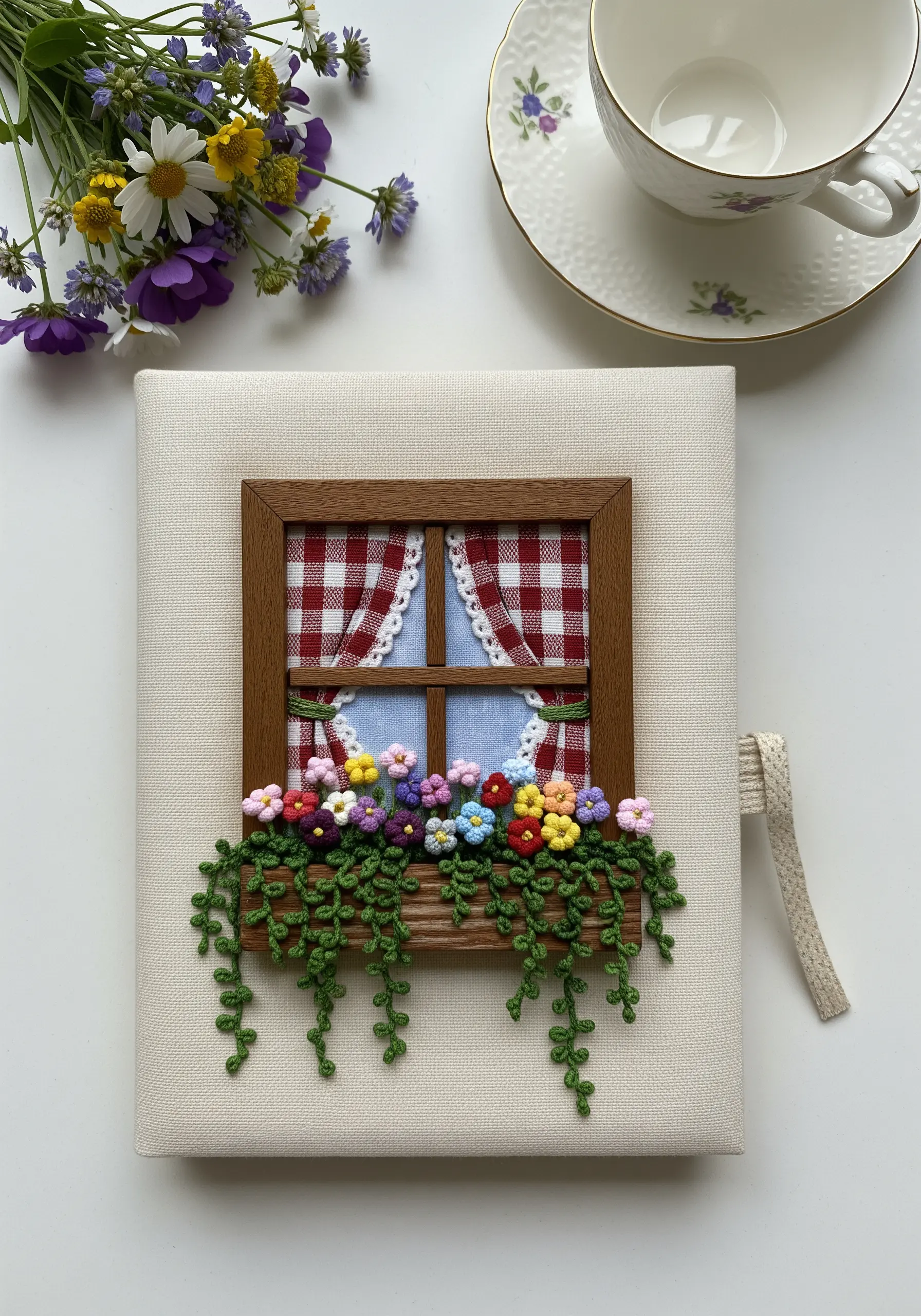 A 3D embroidered window box on a journal, filled with colorful woven wheel flowers and trailing vines.