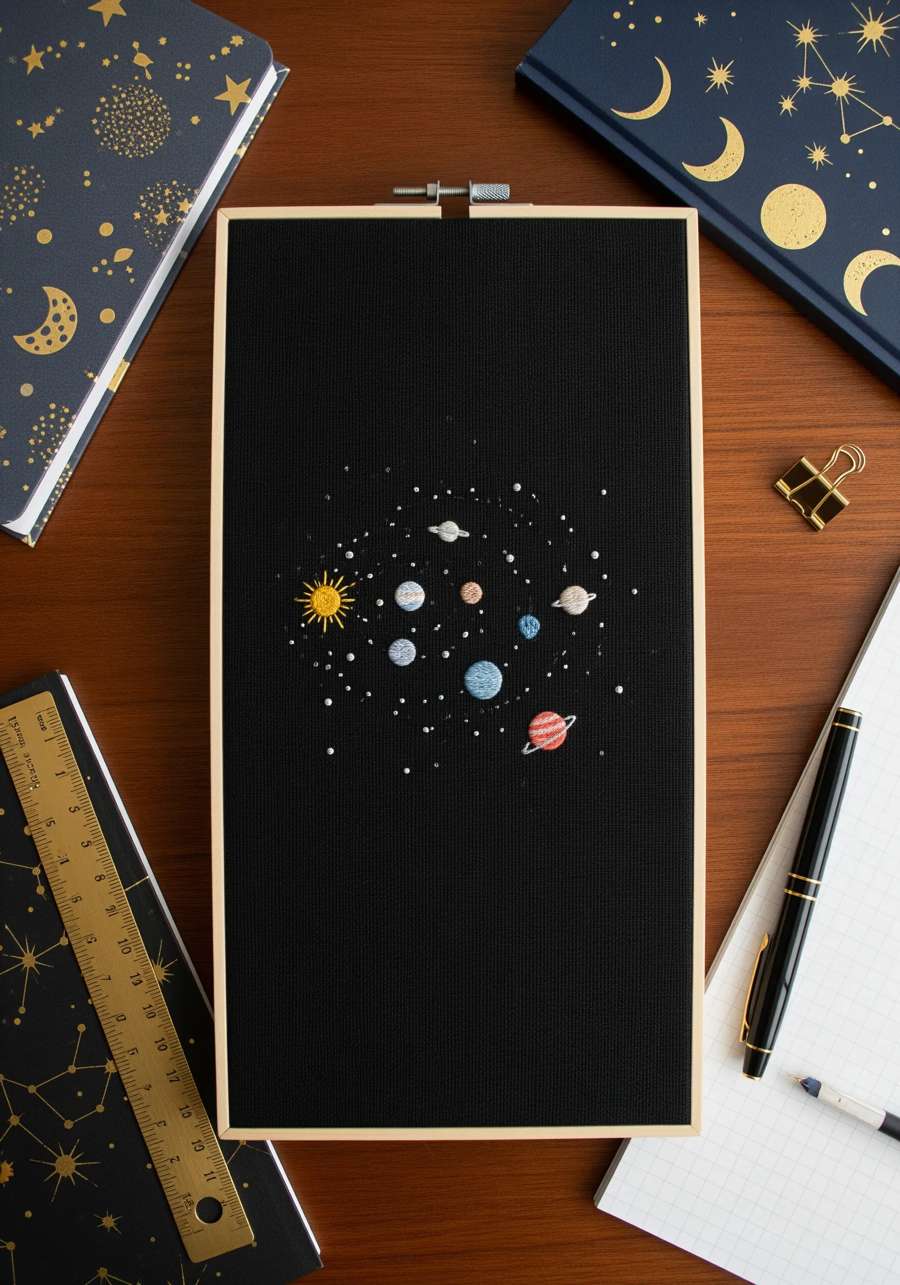 A miniature embroidered solar system with tiny planets on black Aida cloth.