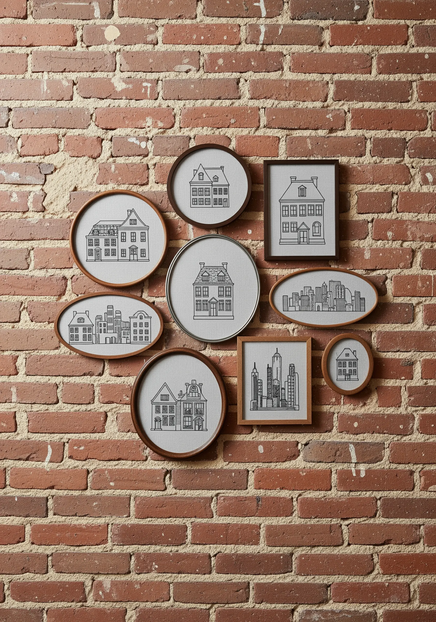Line art embroidery of houses and buildings on grey fabric