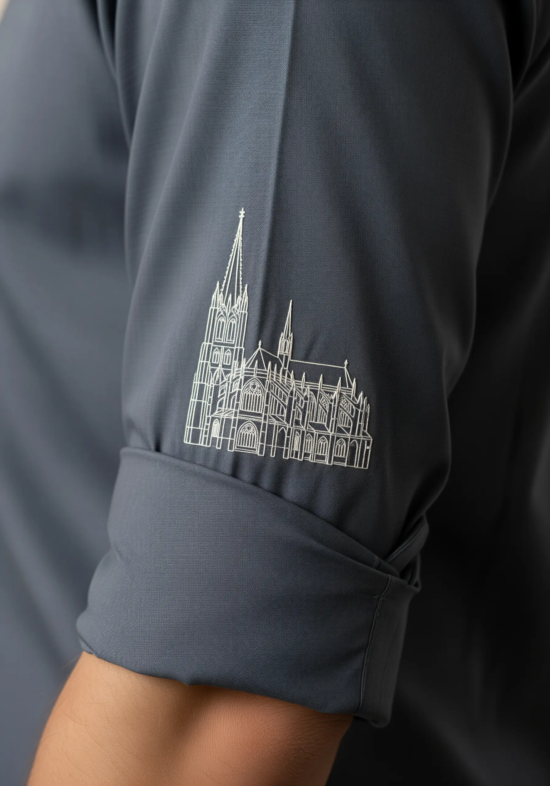 Fine white line embroidery of a Gothic cathedral on the cuff of a dark grey button-down shirt.