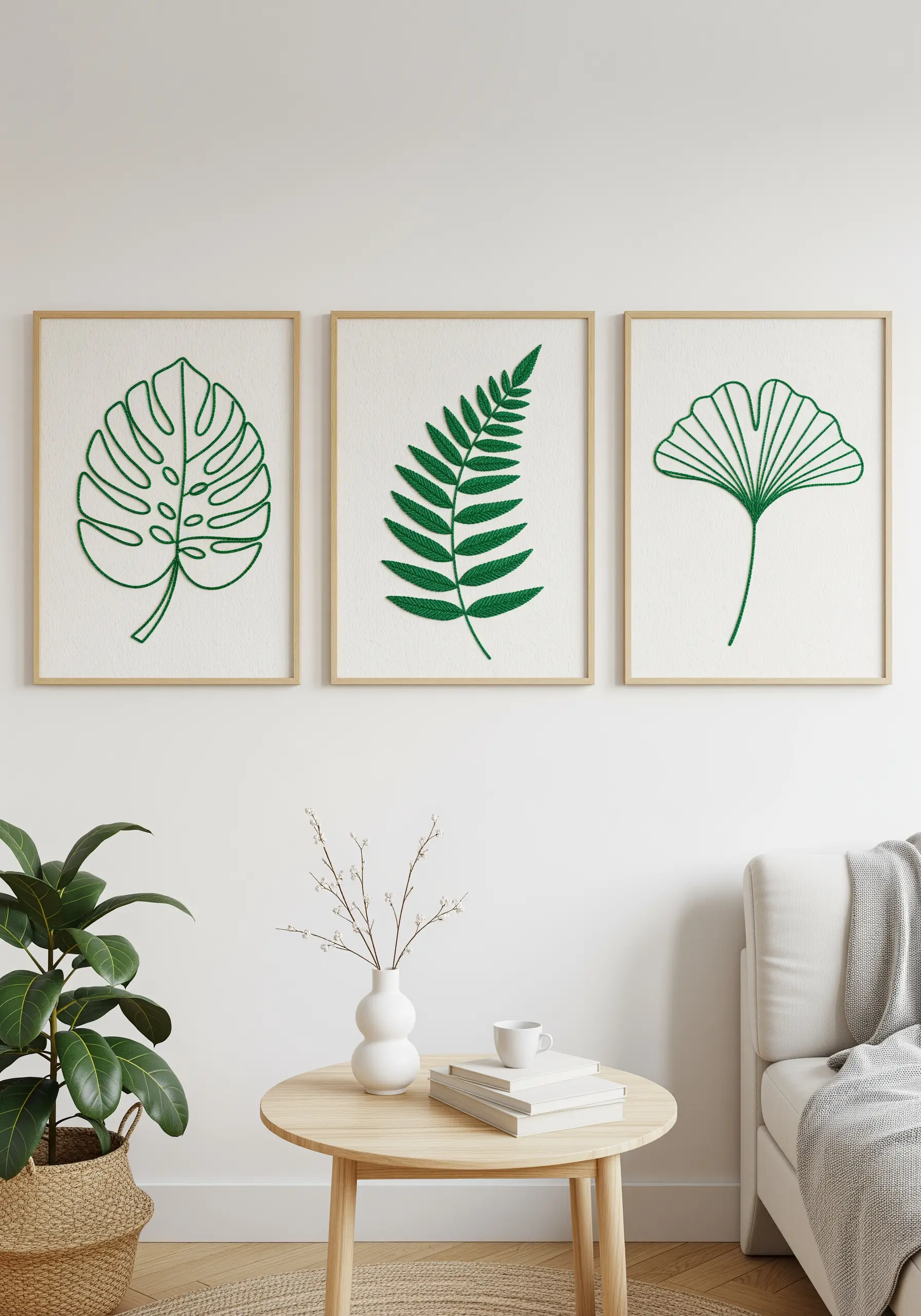 Three framed minimalist leaf embroideries: Monstera, Fern, and Ginkgo.