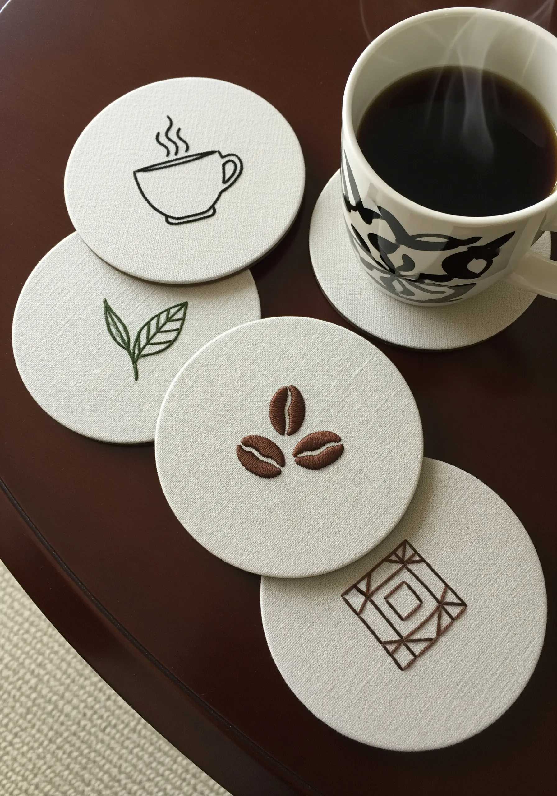 Four white fabric coasters with minimalist embroidery: a coffee cup, tea leaf, and coffee beans.